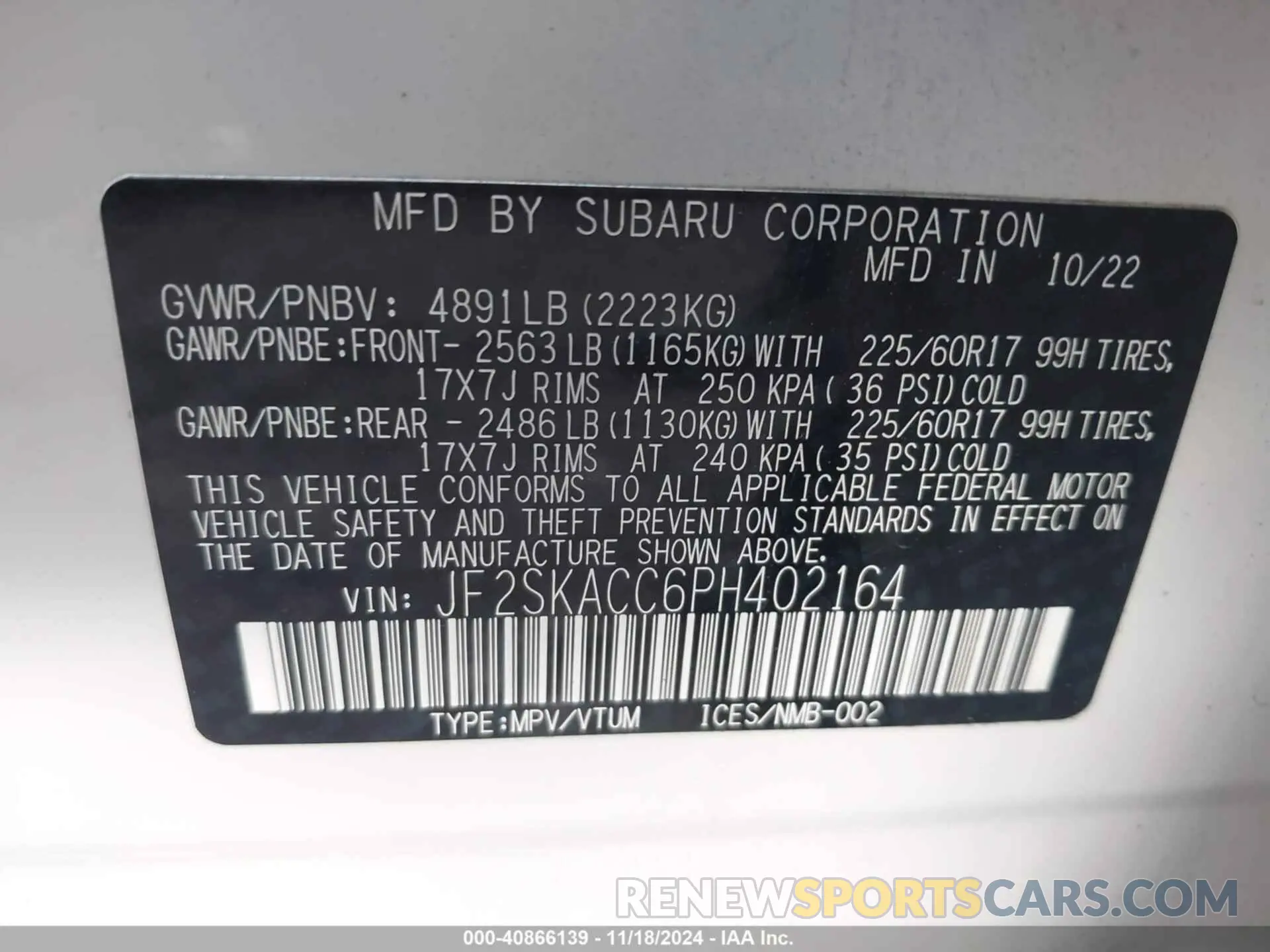 9 fotografías del automóvil dañado JF2SKACC6PH402164 SUBARU FORESTER 2023