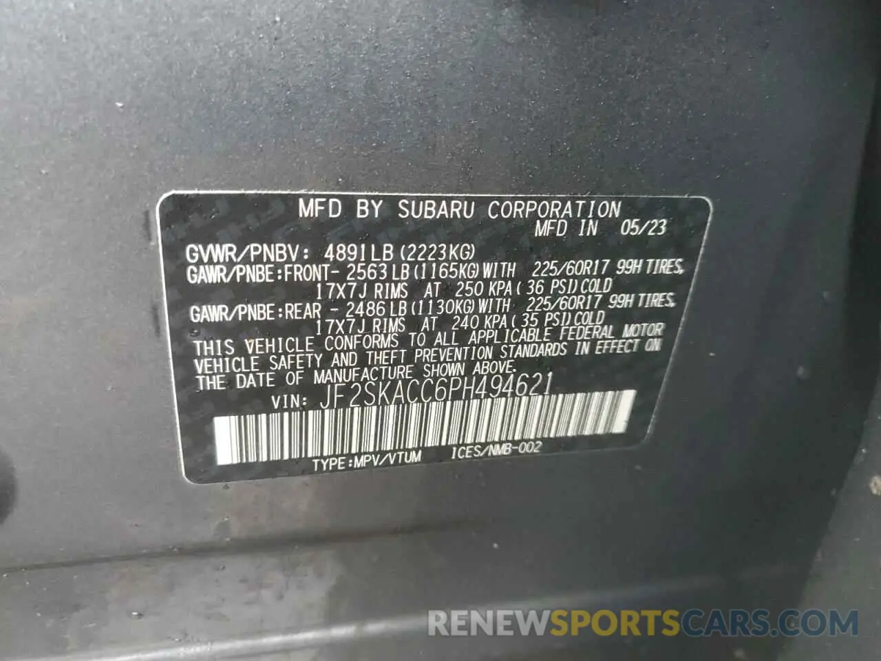 14 fotografías del automóvil dañado JF2SKACC6PH494621 SUBARU FORESTER 2023