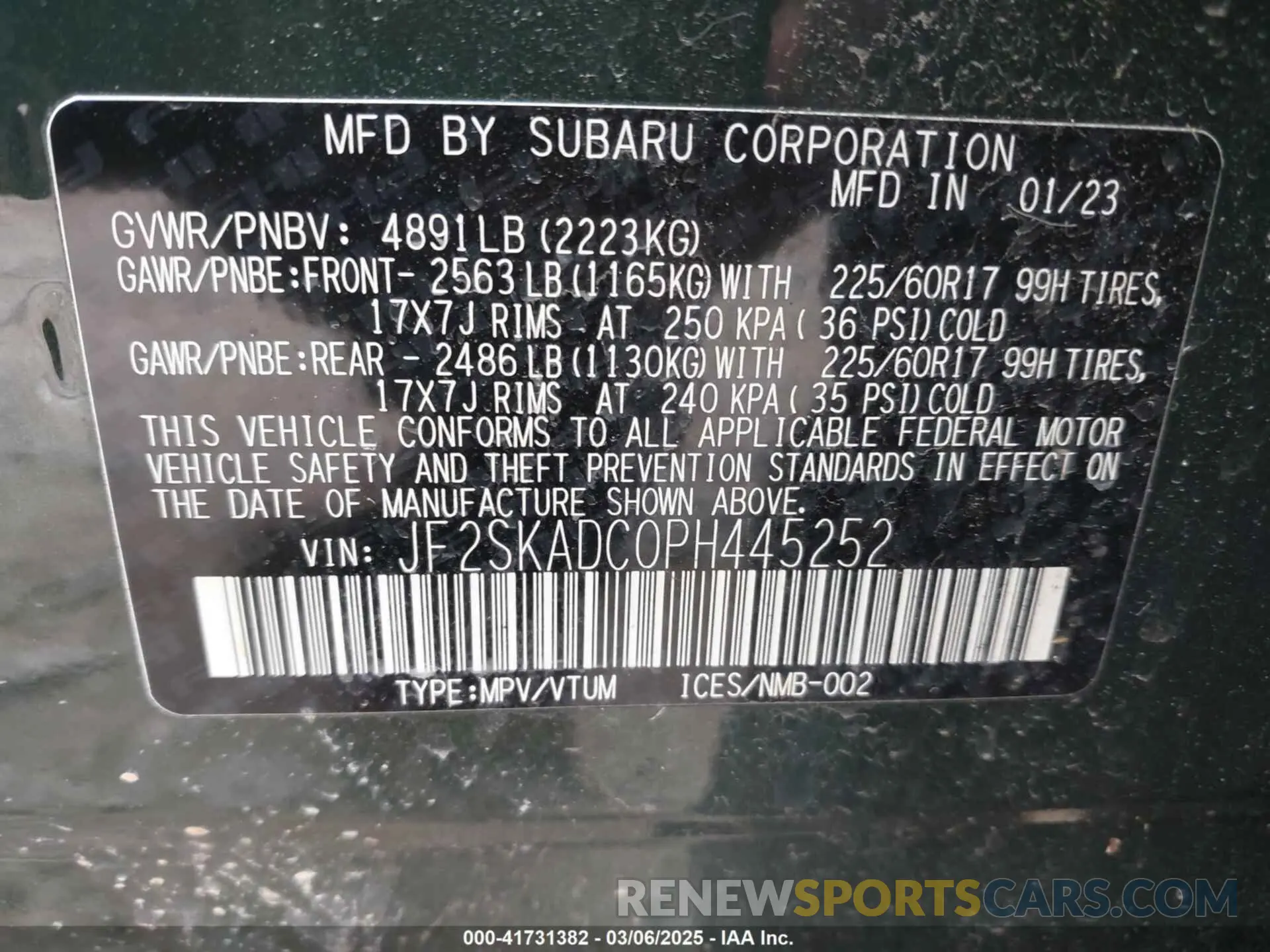 9 fotografías del automóvil dañado JF2SKADC0PH445252 SUBARU FORESTER 2023