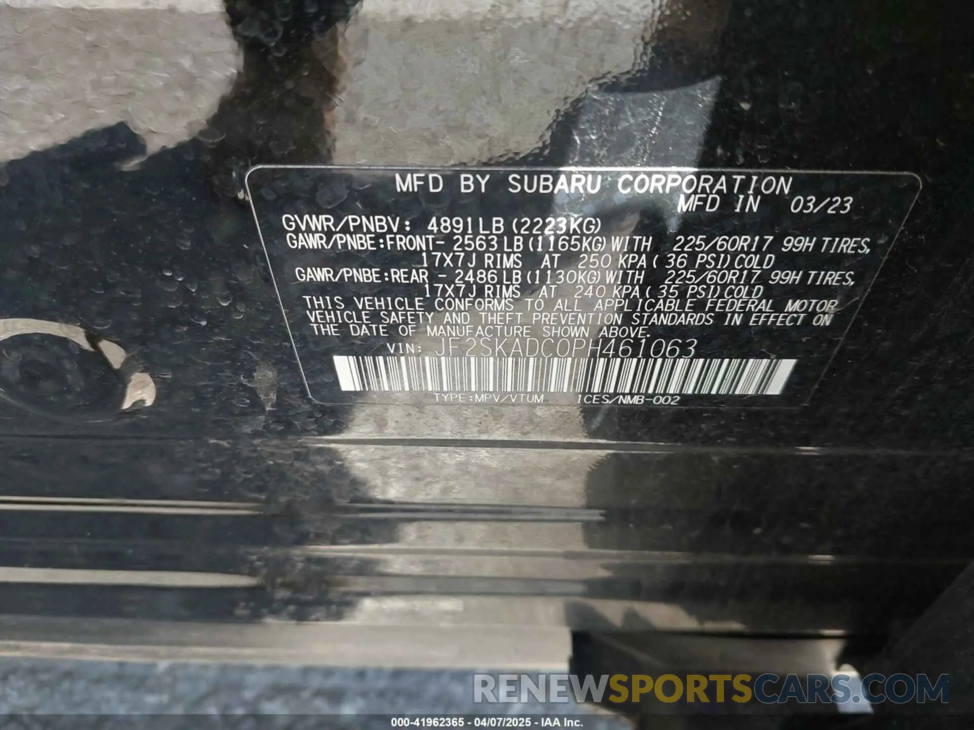 9 fotografías del automóvil dañado JF2SKADC0PH461063 SUBARU FORESTER 2023