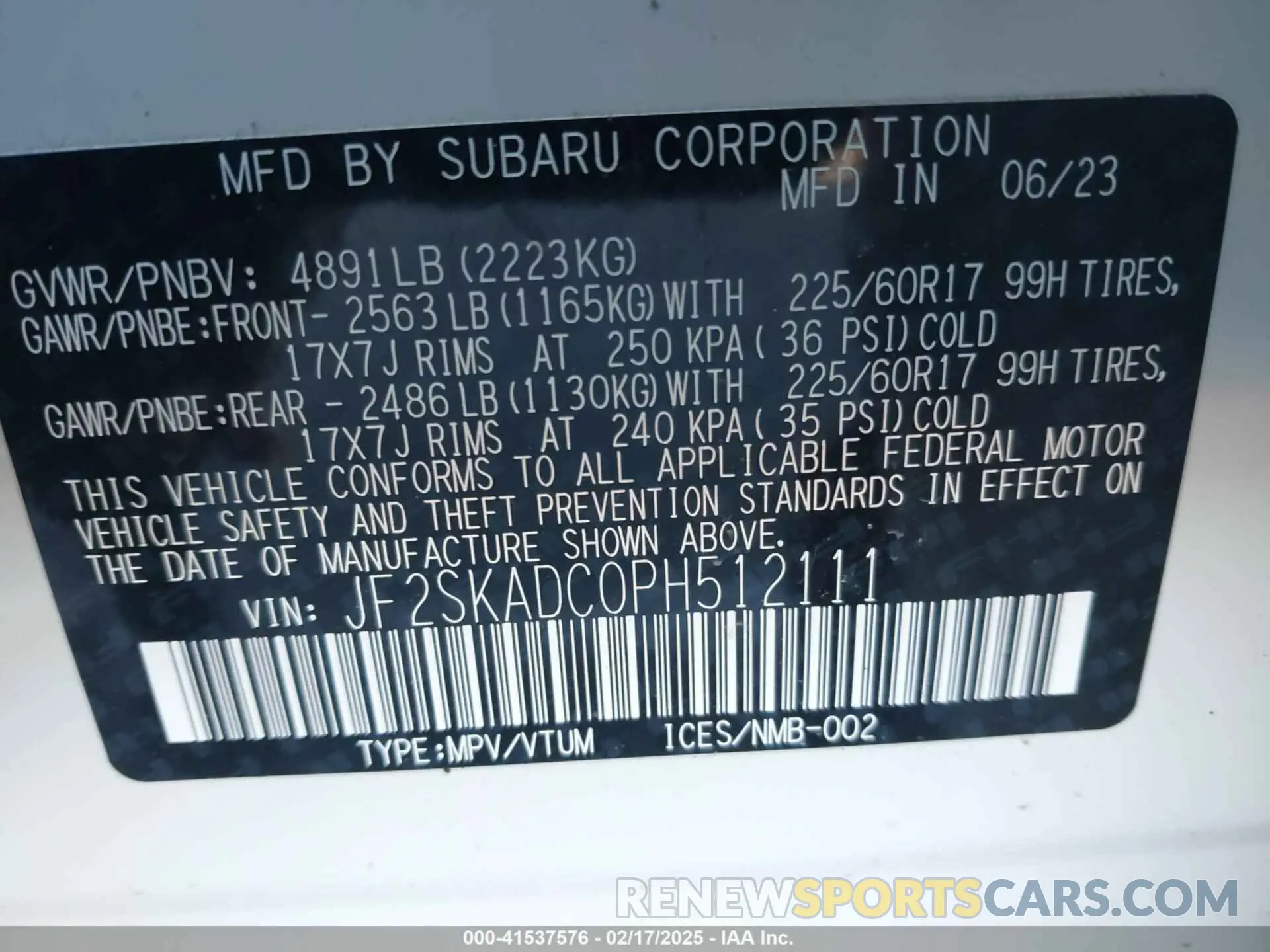 9 fotografías del automóvil dañado JF2SKADC0PH512111 SUBARU FORESTER 2023