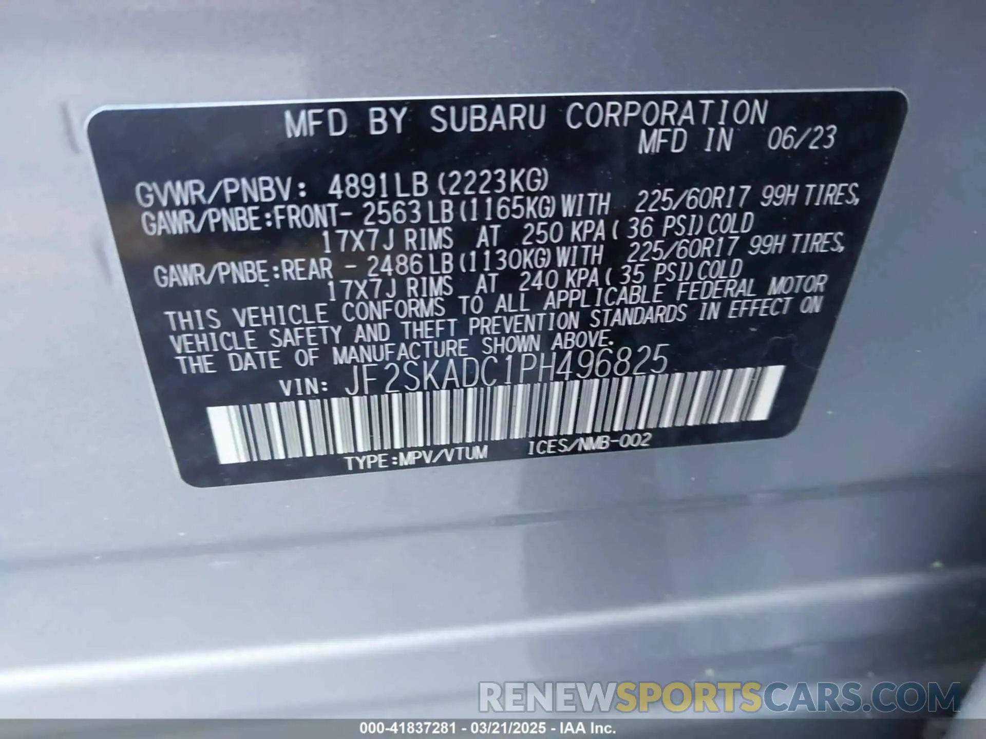 9 fotografías del automóvil dañado JF2SKADC1PH496825 SUBARU FORESTER 2023