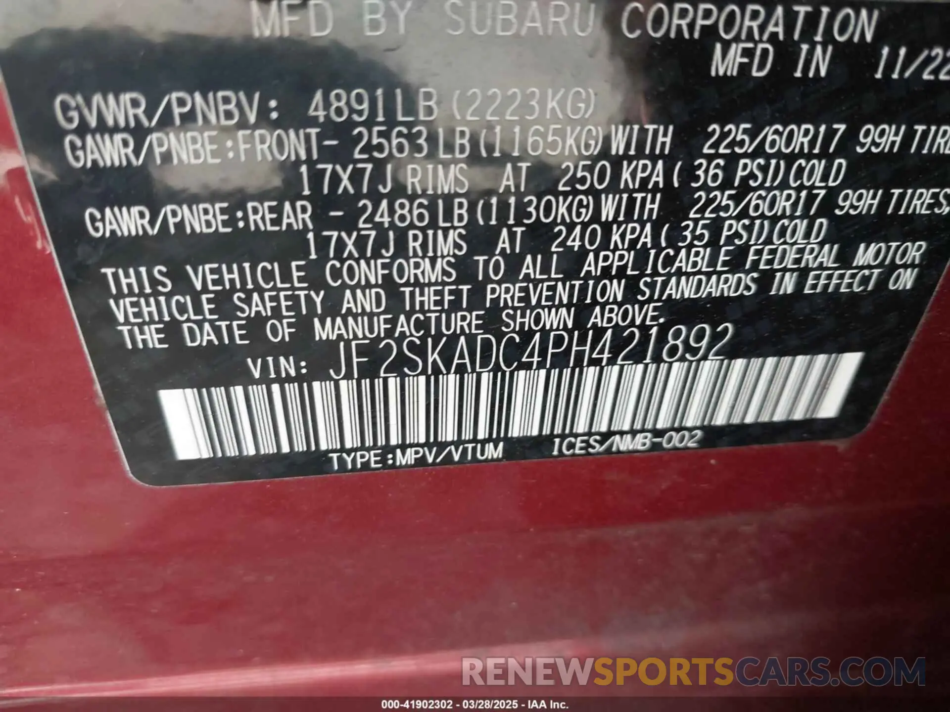 9 fotografías del automóvil dañado JF2SKADC4PH421892 SUBARU FORESTER 2023