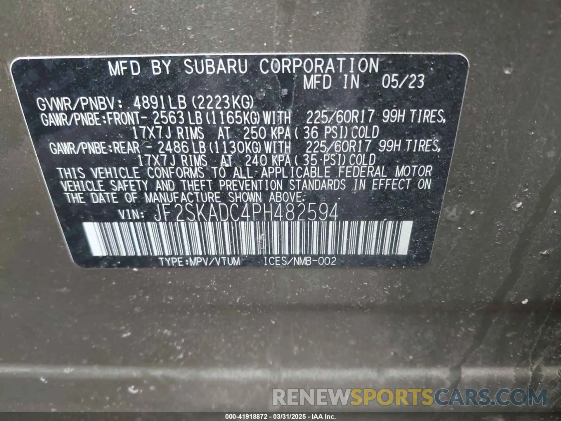 9 fotografías del automóvil dañado JF2SKADC4PH482594 SUBARU FORESTER 2023