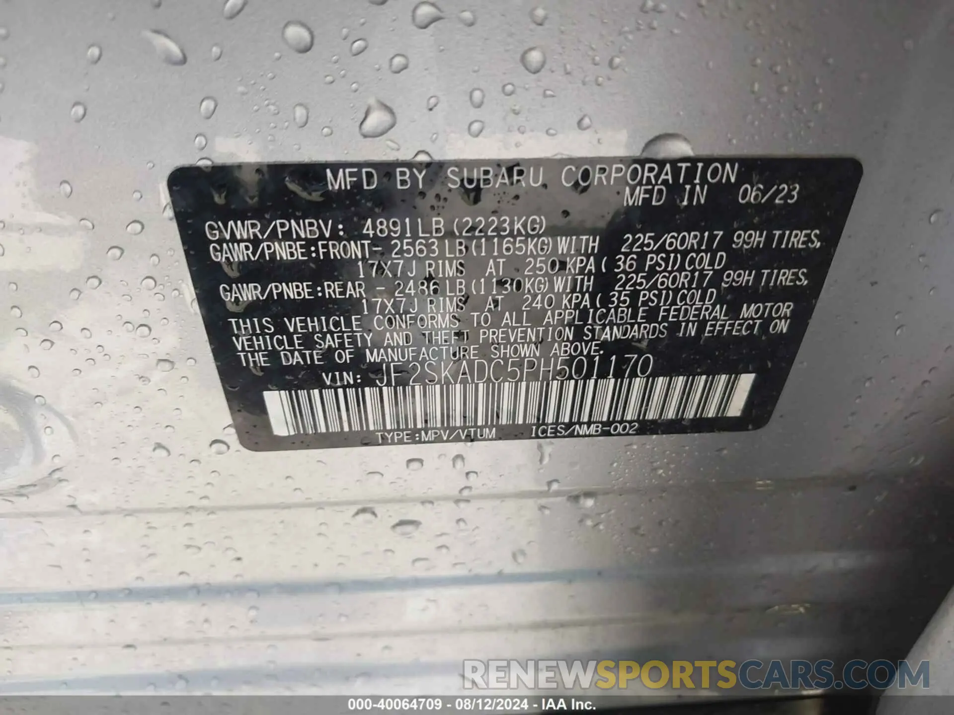 9 fotografías del automóvil dañado JF2SKADC5PH501170 SUBARU FORESTER 2023