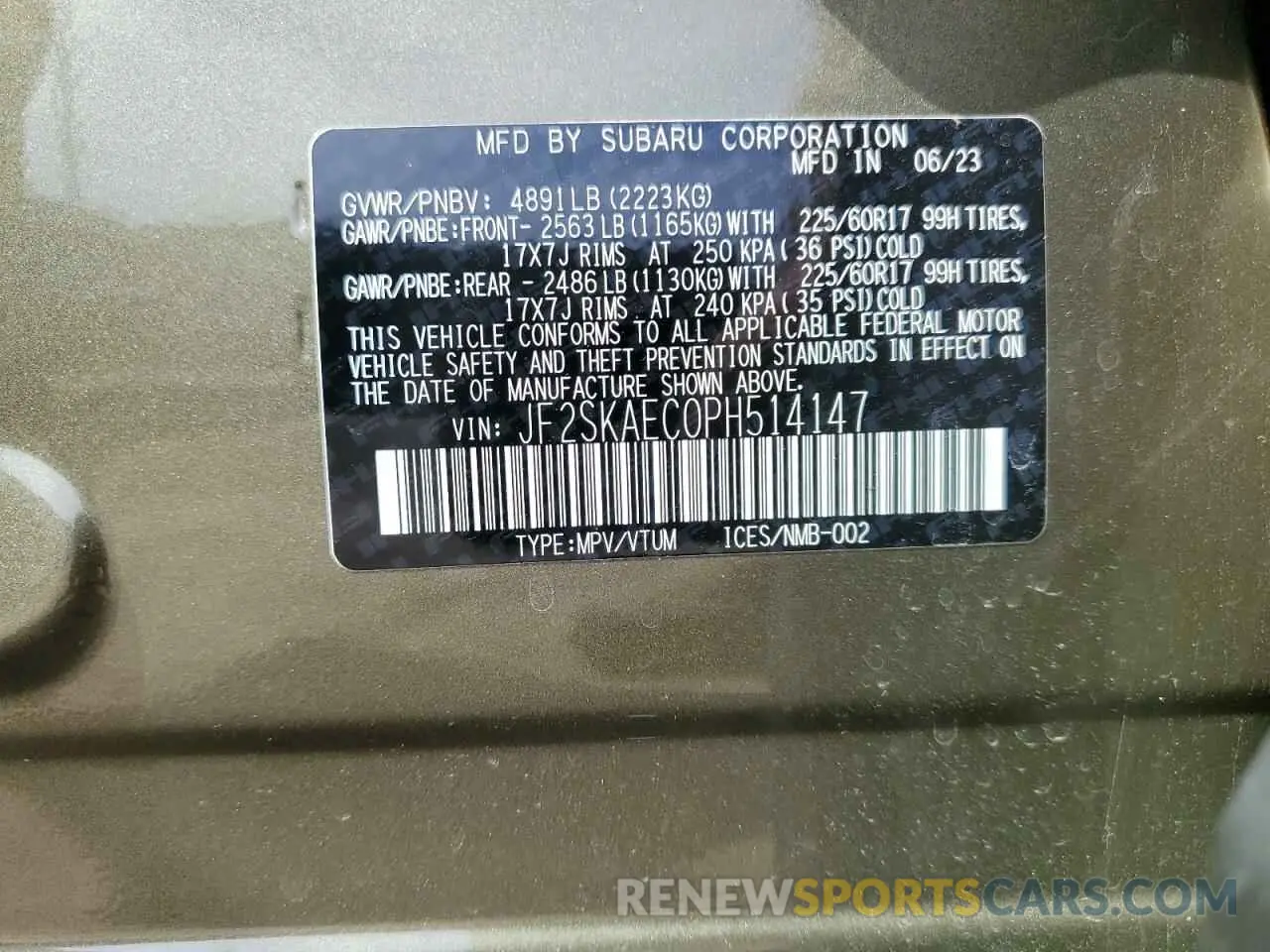 14 fotografías del automóvil dañado JF2SKAEC0PH514147 SUBARU FORESTER 2023