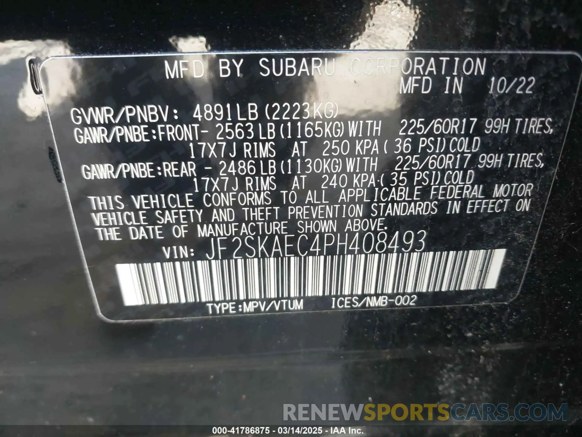 9 fotografías del automóvil dañado JF2SKAEC4PH408493 SUBARU FORESTER 2023