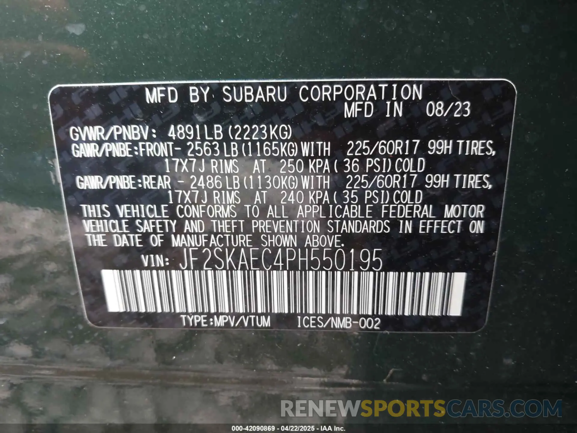 9 fotografías del automóvil dañado JF2SKAEC4PH550195 SUBARU FORESTER 2023
