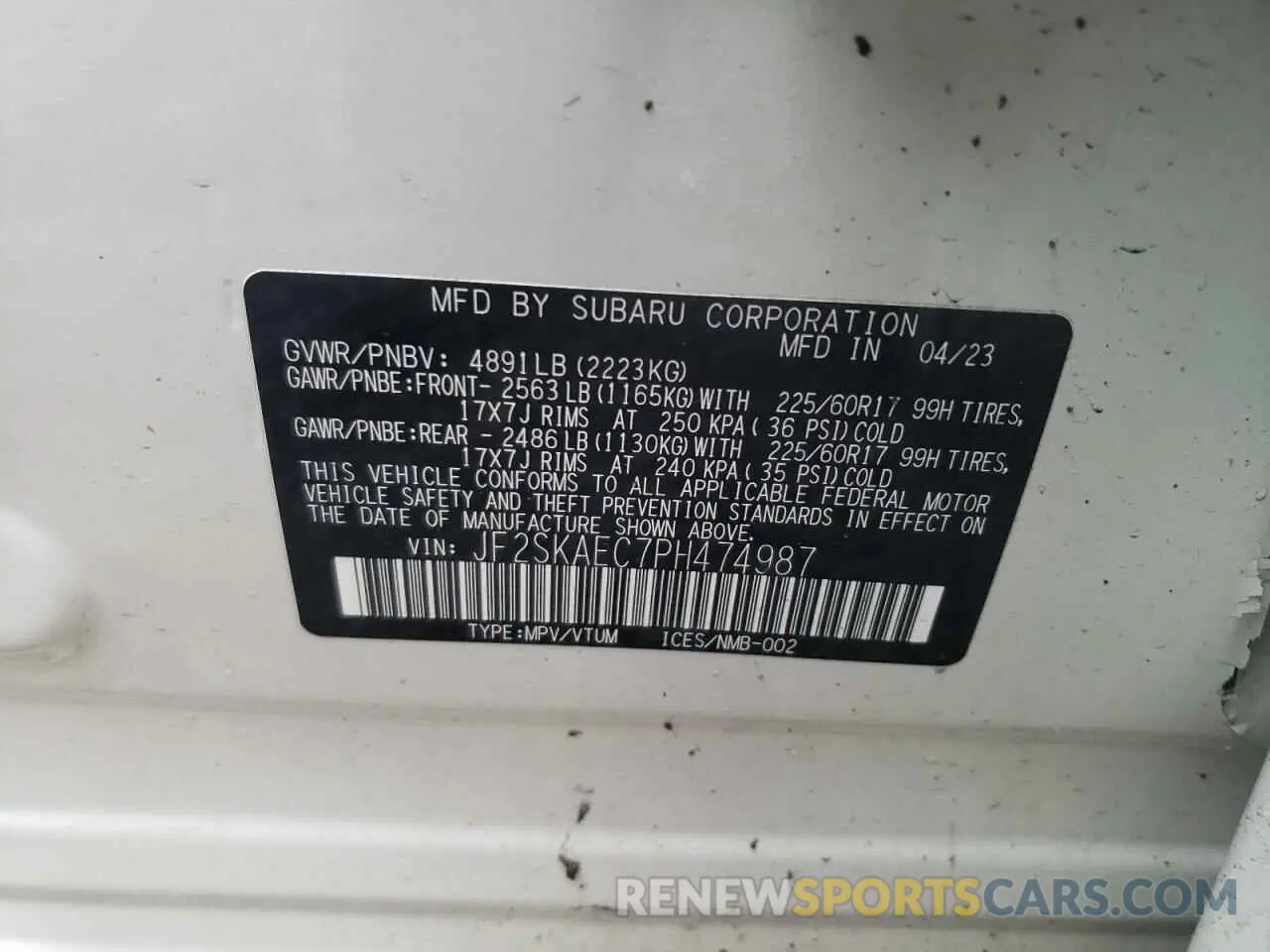 13 fotografías del automóvil dañado JF2SKAEC7PH474987 SUBARU FORESTER 2023