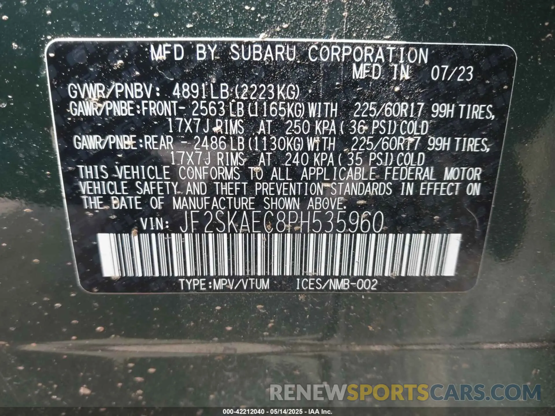 9 fotografías del automóvil dañado JF2SKAEC8PH535960 SUBARU FORESTER 2023