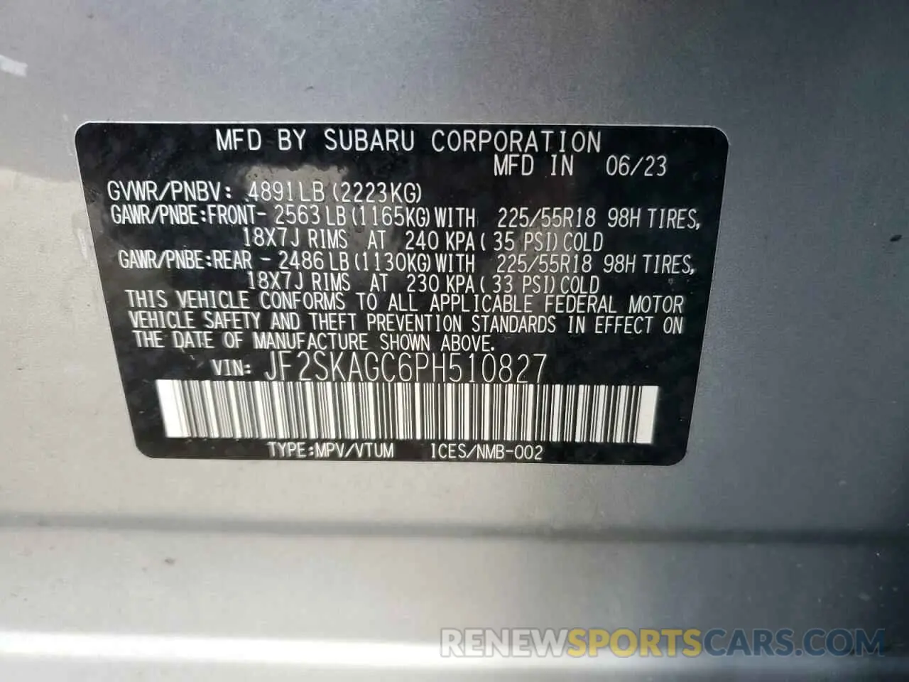 15 fotografías del automóvil dañado JF2SKAGC6PH510827 SUBARU FORESTER 2023