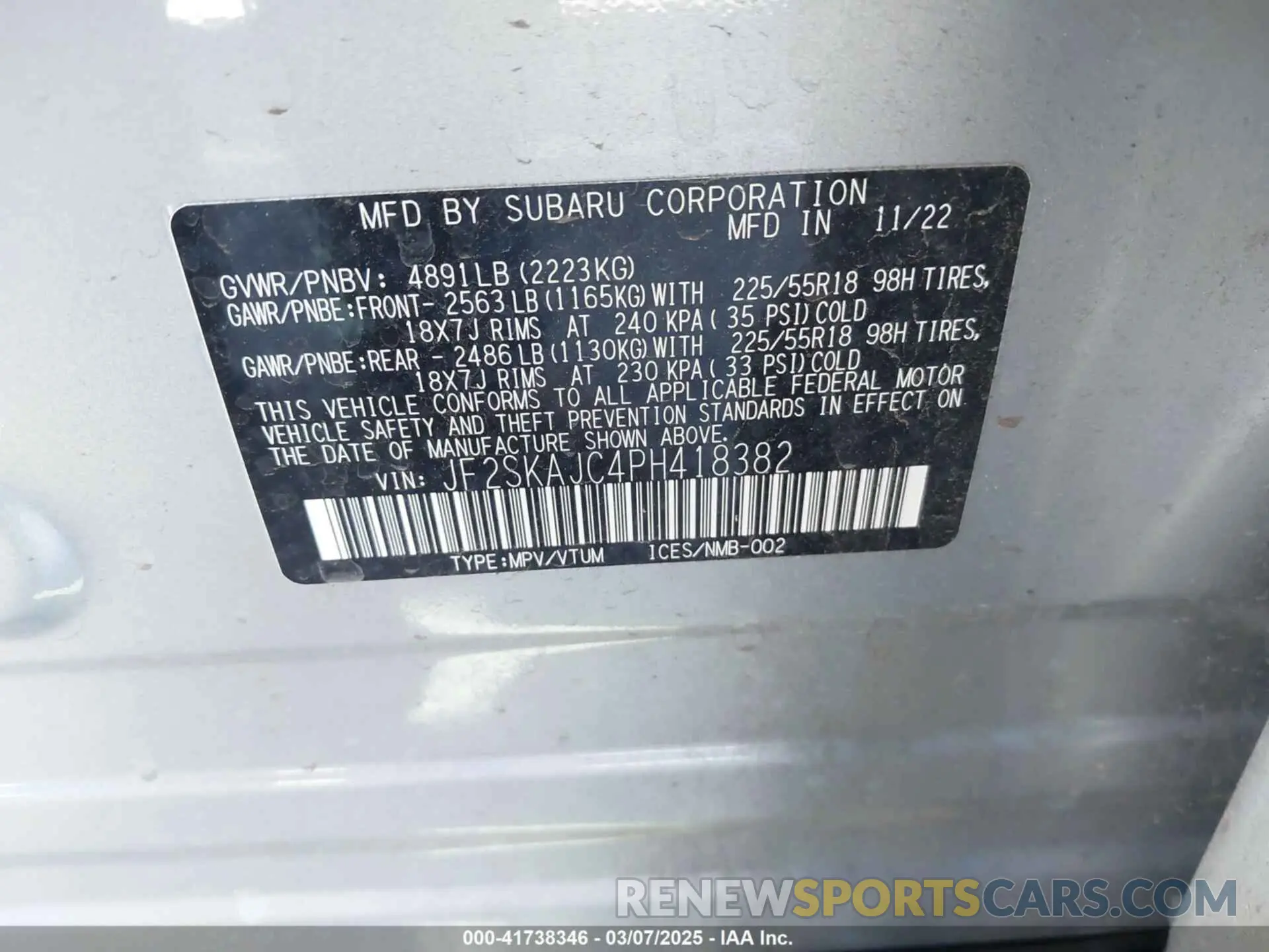 9 fotografías del automóvil dañado JF2SKAJC4PH418382 SUBARU FORESTER 2023