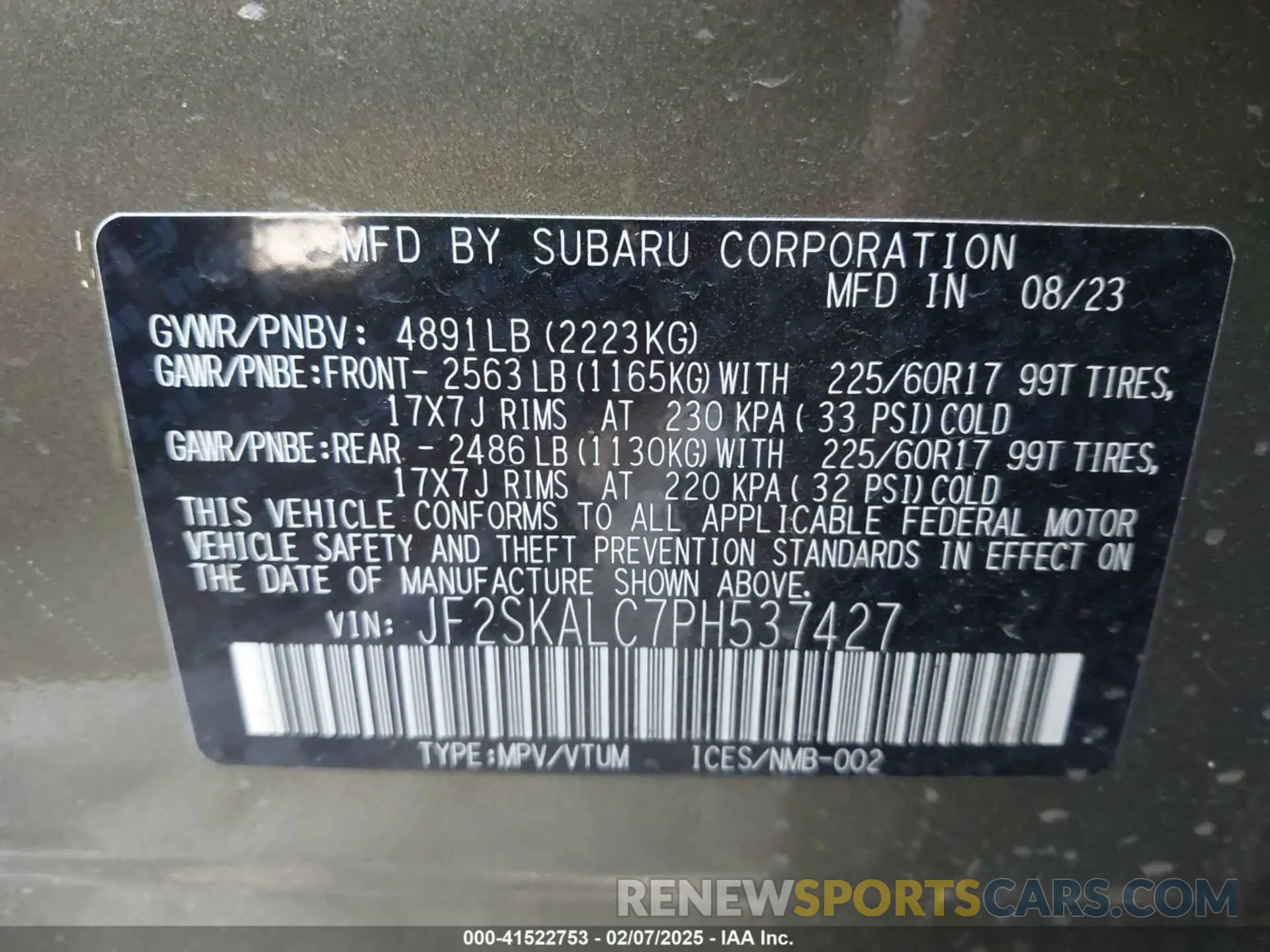 9 fotografías del automóvil dañado JF2SKALC7PH537427 SUBARU FORESTER 2023