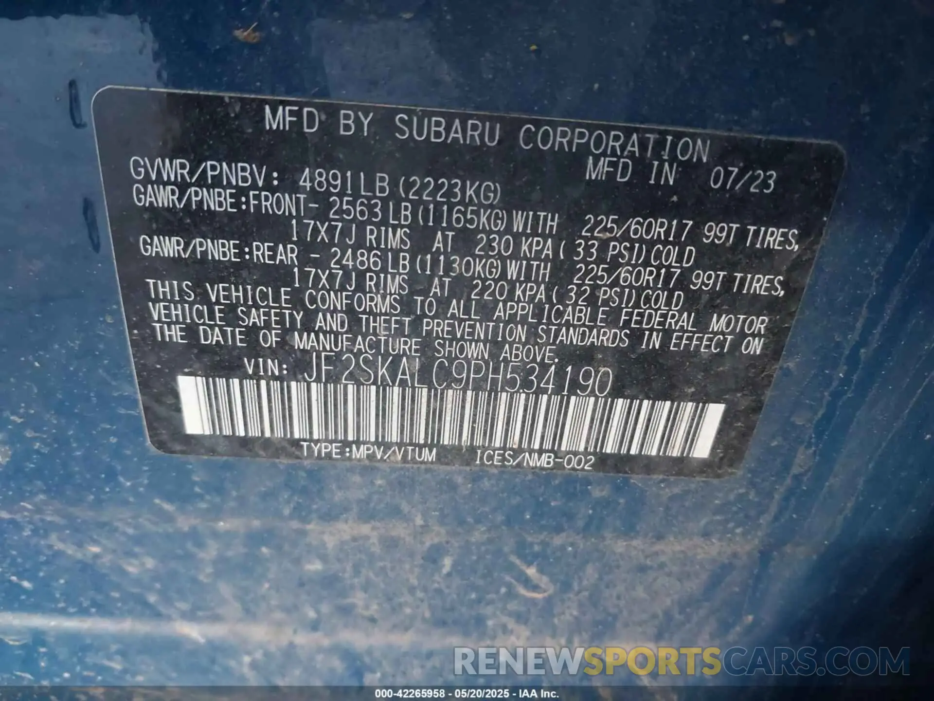 9 fotografías del automóvil dañado JF2SKALC9PH534190 SUBARU FORESTER 2023