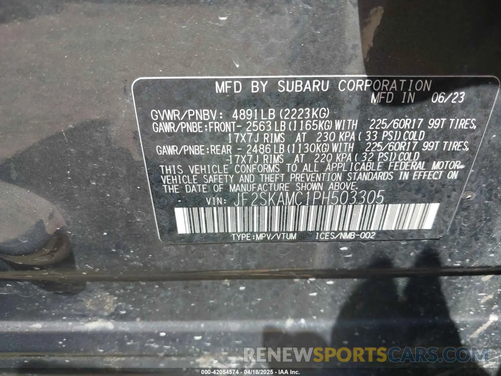 9 fotografías del automóvil dañado JF2SKAMC1PH503305 SUBARU FORESTER 2023