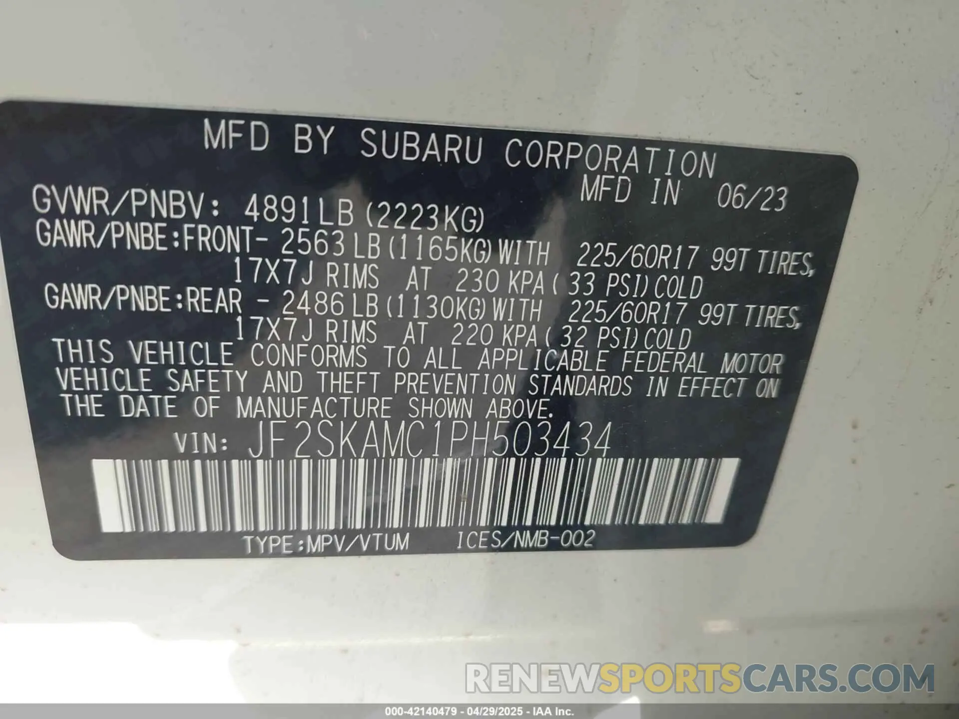 9 fotografías del automóvil dañado JF2SKAMC1PH503434 SUBARU FORESTER 2023