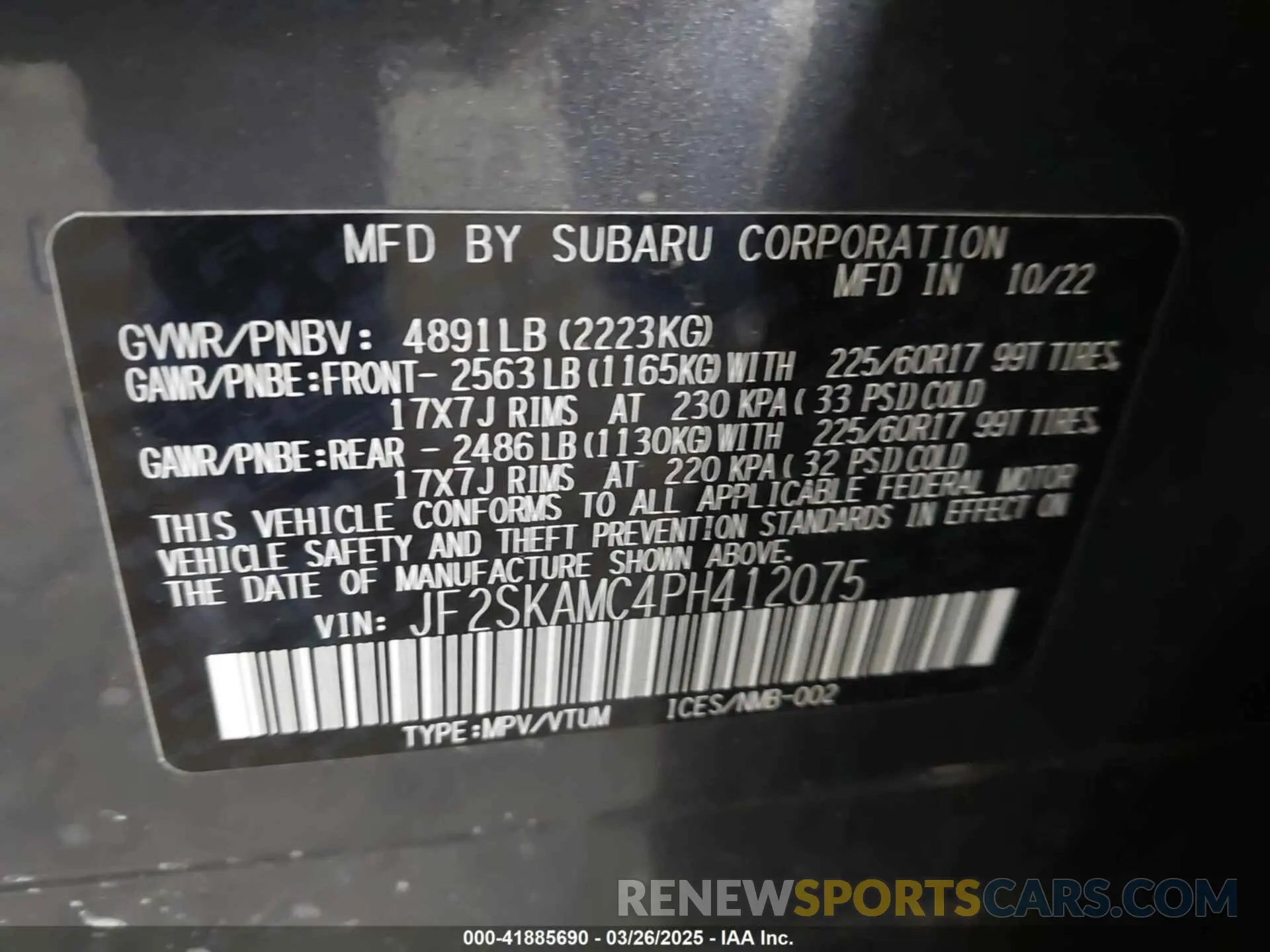 9 fotografías del automóvil dañado JF2SKAMC4PH412075 SUBARU FORESTER 2023