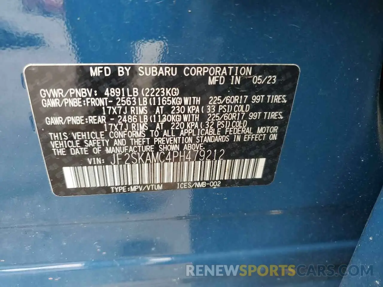 13 fotografías del automóvil dañado JF2SKAMC4PH479212 SUBARU FORESTER 2023