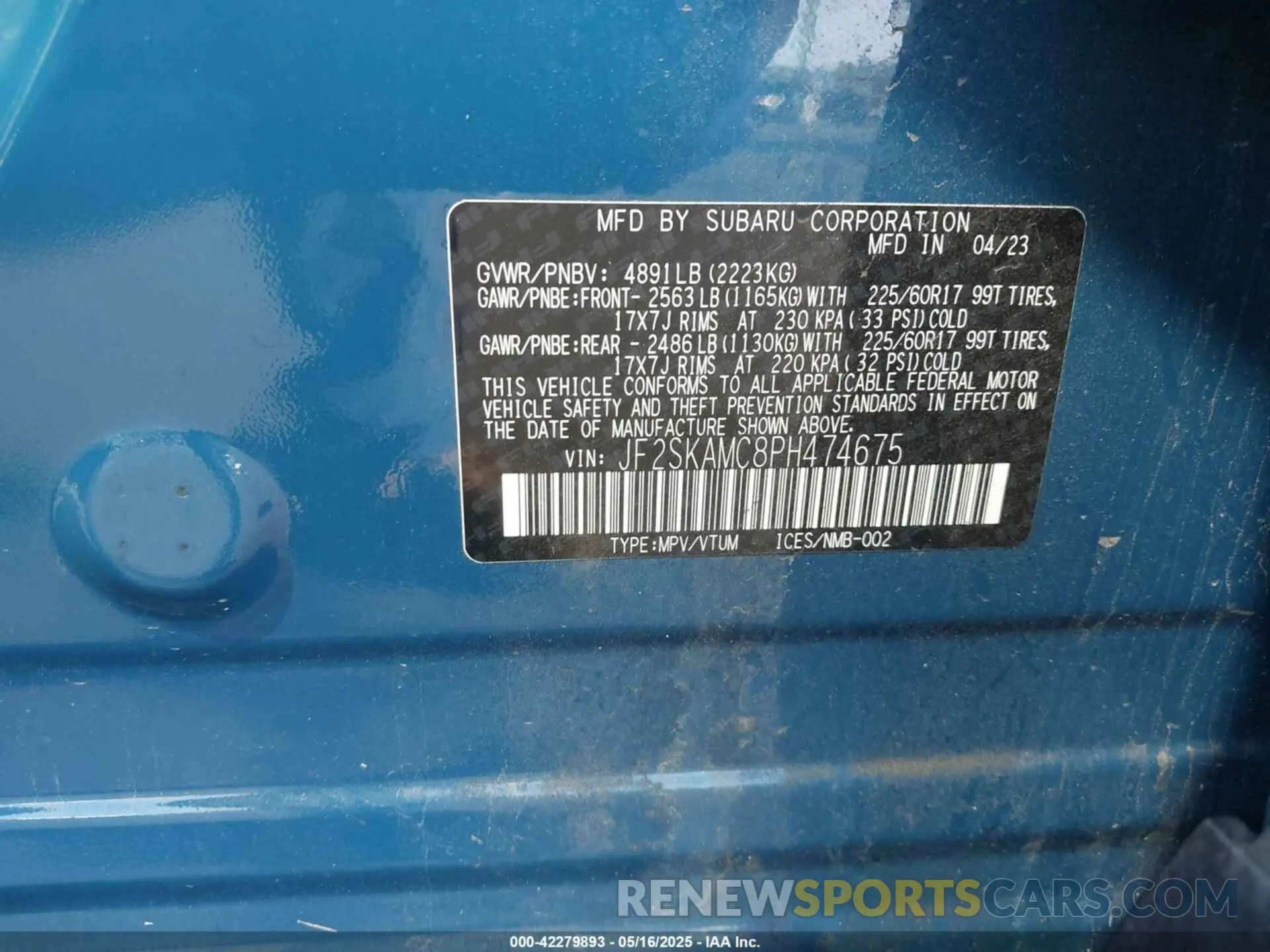 9 fotografías del automóvil dañado JF2SKAMC8PH474675 SUBARU FORESTER 2023