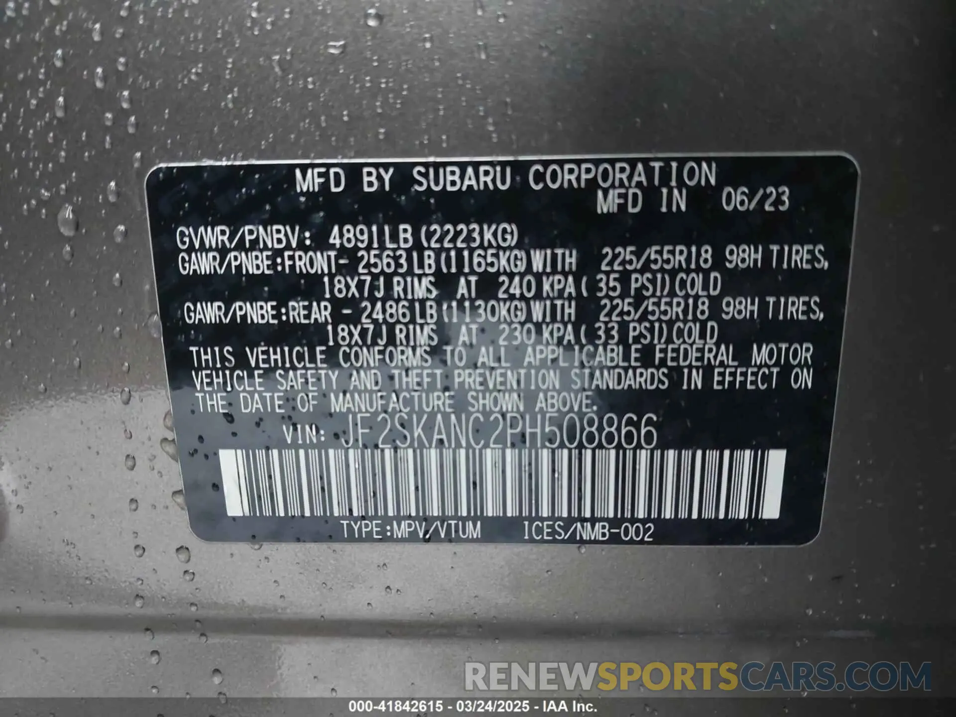 9 fotografías del automóvil dañado JF2SKANC2PH508866 SUBARU FORESTER 2023