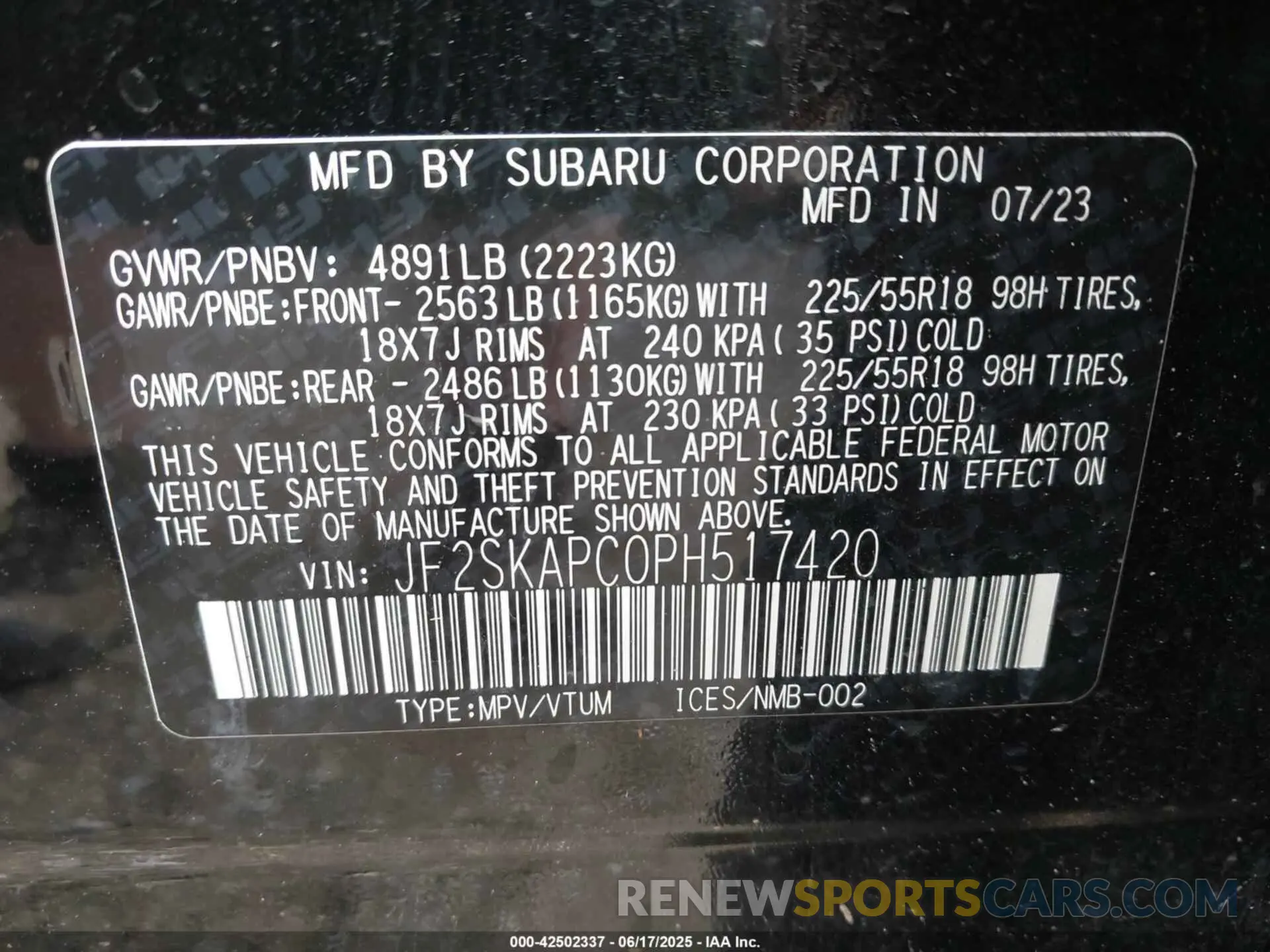 9 fotografías del automóvil dañado JF2SKAPC0PH517420 SUBARU FORESTER 2023