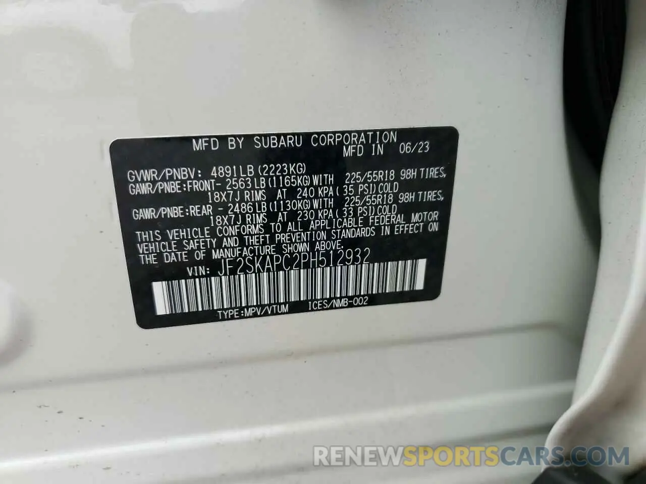 14 fotografías del automóvil dañado JF2SKAPC2PH512932 SUBARU FORESTER 2023