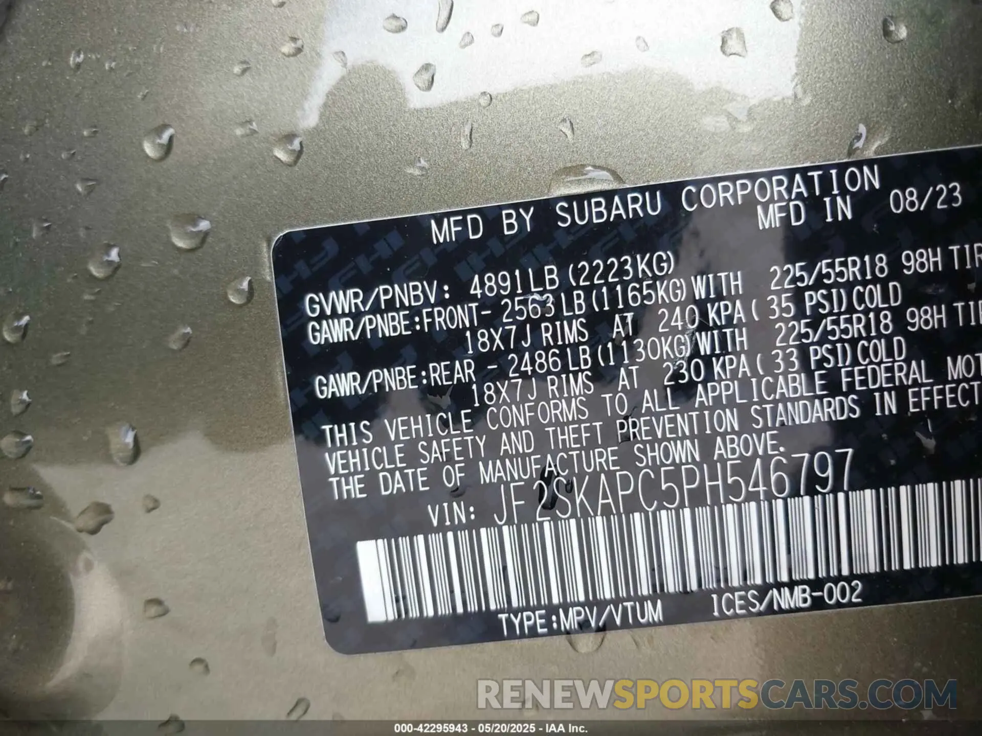 9 fotografías del automóvil dañado JF2SKAPC5PH546797 SUBARU FORESTER 2023