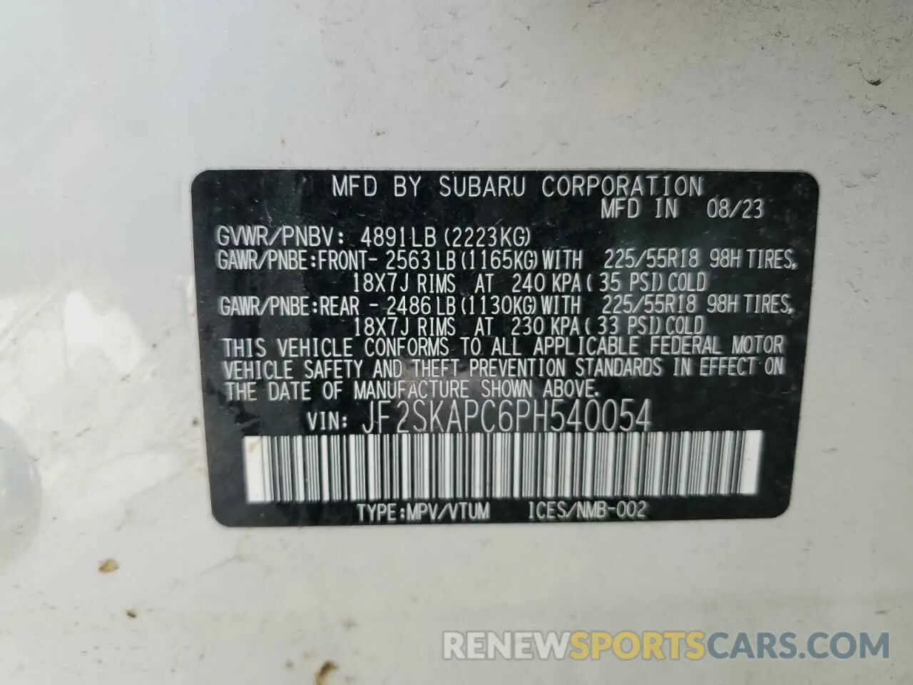 13 fotografías del automóvil dañado JF2SKAPC6PH540054 SUBARU FORESTER 2023