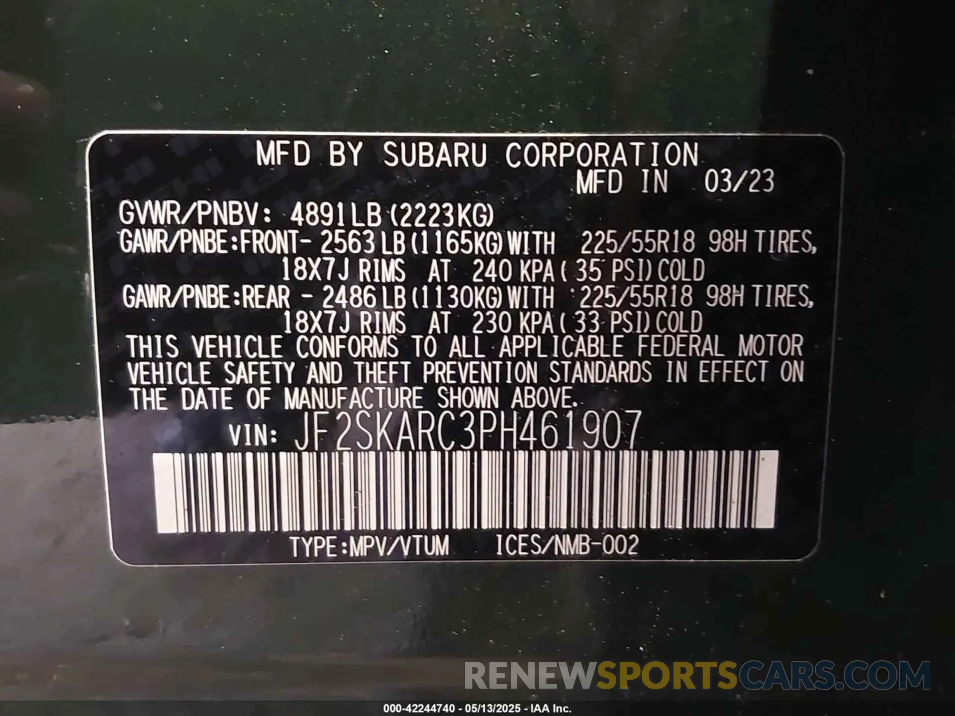 9 fotografías del automóvil dañado JF2SKARC3PH461907 SUBARU FORESTER 2023