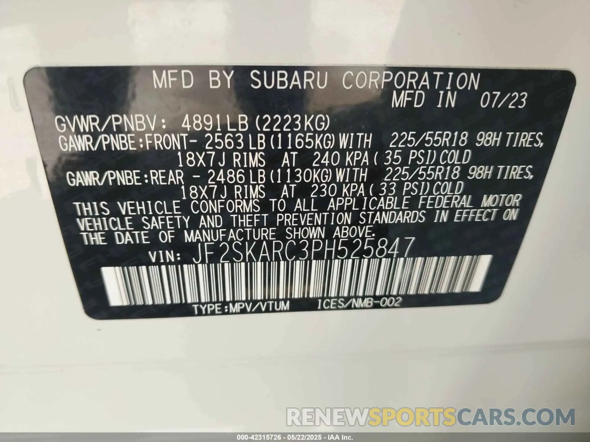 9 fotografías del automóvil dañado JF2SKARC3PH525847 SUBARU FORESTER 2023