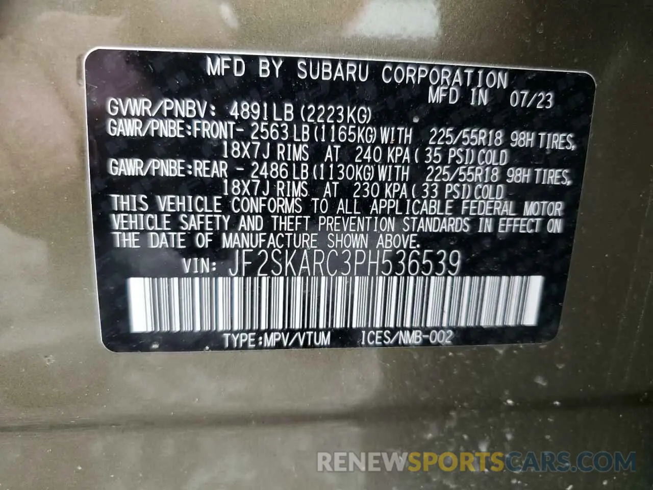 14 fotografías del automóvil dañado JF2SKARC3PH536539 SUBARU FORESTER 2023