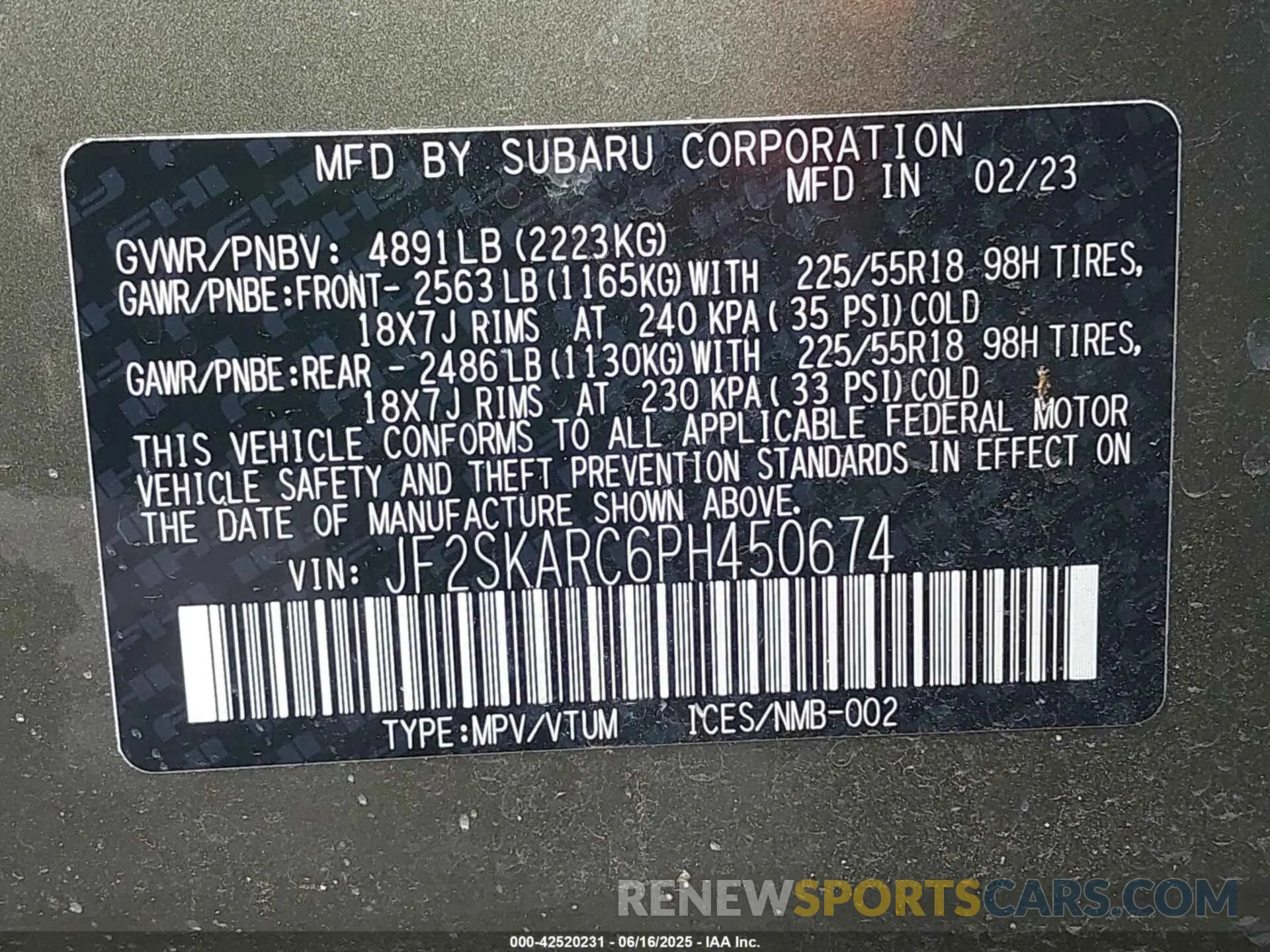 9 fotografías del automóvil dañado JF2SKARC6PH450674 SUBARU FORESTER 2023
