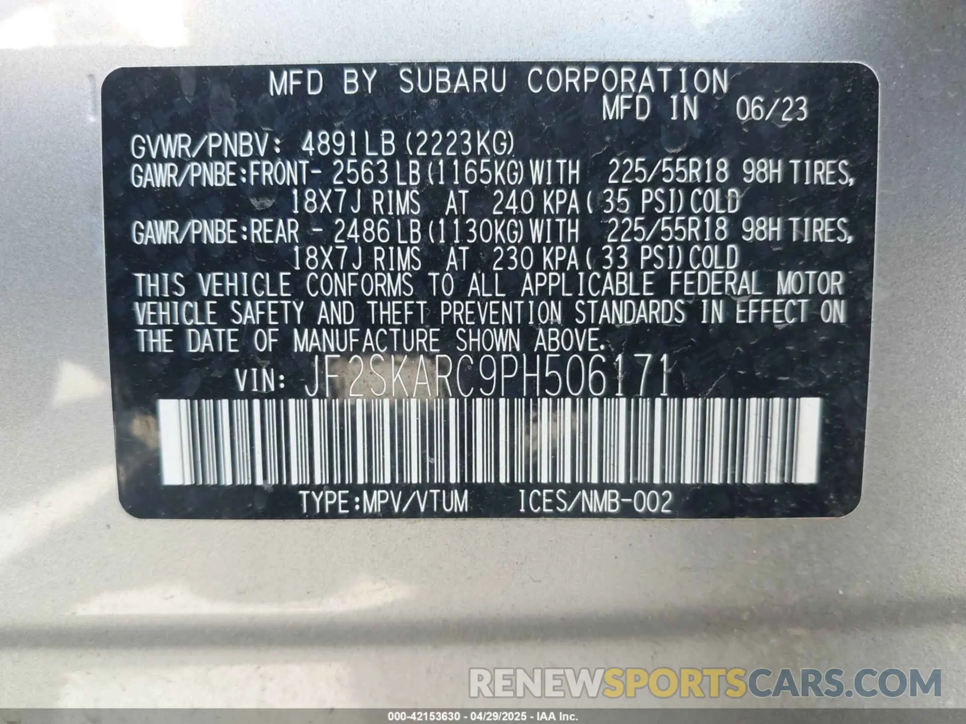 9 fotografías del automóvil dañado JF2SKARC9PH506171 SUBARU FORESTER 2023