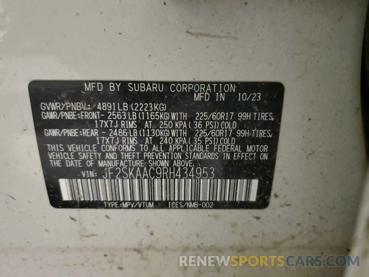 13 fotografías del automóvil dañado JF2SKAAC9RH434953 SUBARU FORESTER 2024