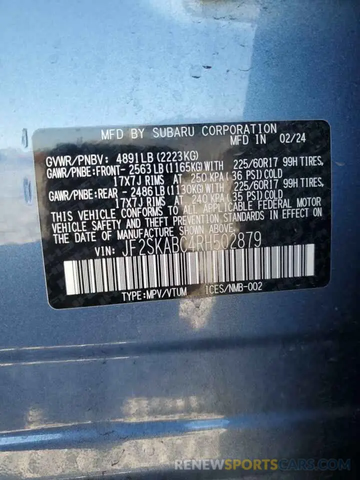 13 fotografías del automóvil dañado JF2SKABC4RH502879 SUBARU FORESTER 2024