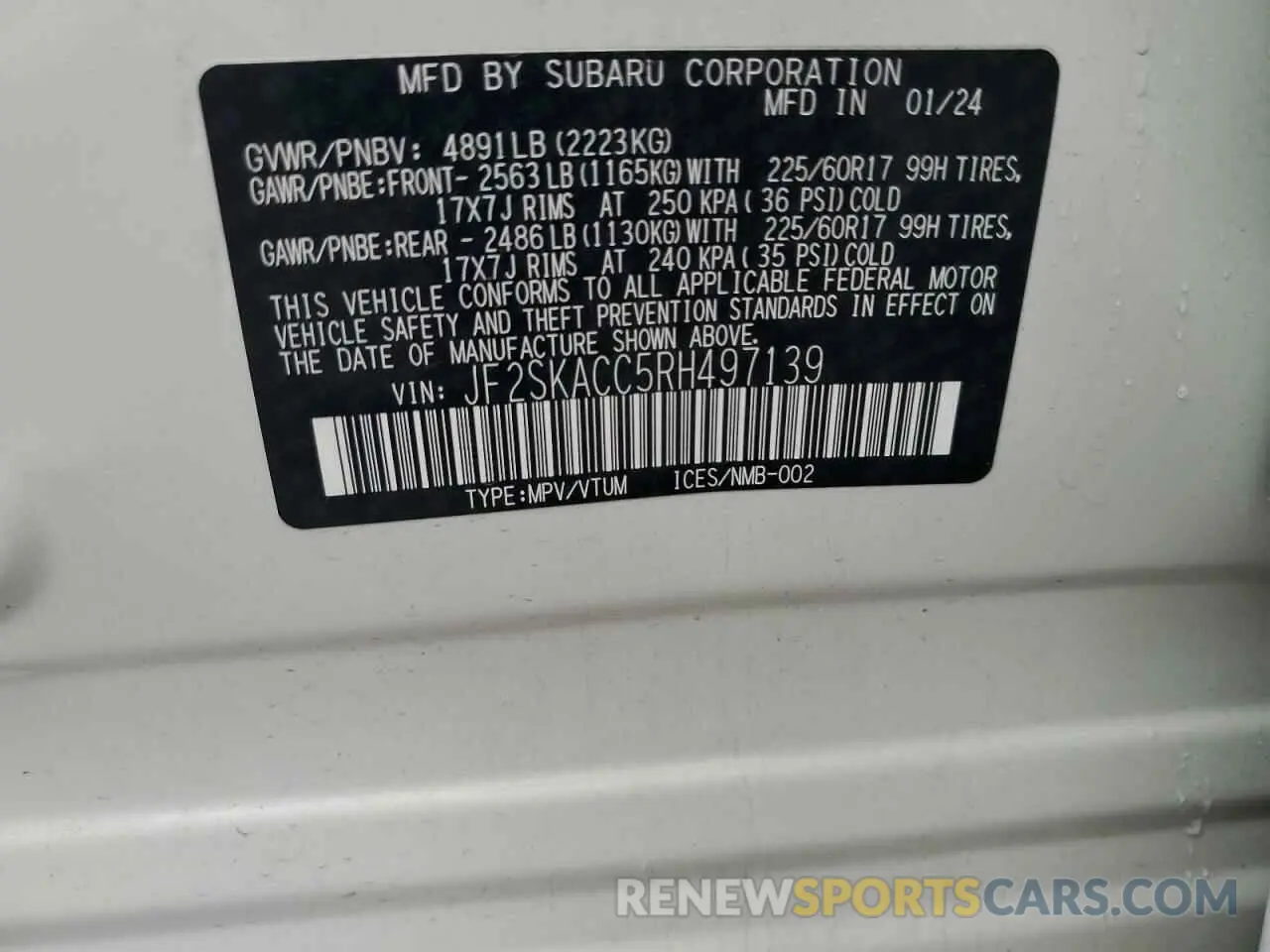 13 fotografías del automóvil dañado JF2SKACC5RH497139 SUBARU FORESTER 2024