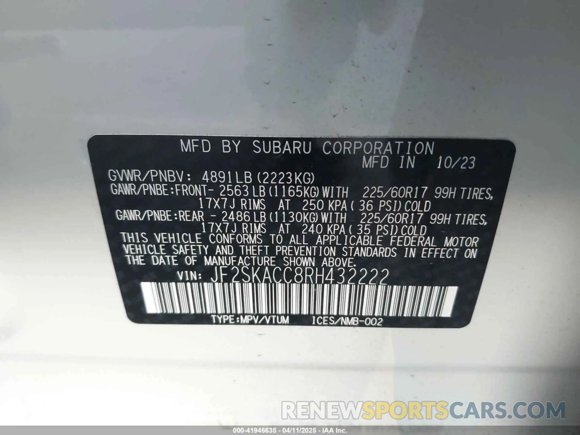 9 fotografías del automóvil dañado JF2SKACC8RH432222 SUBARU FORESTER 2024