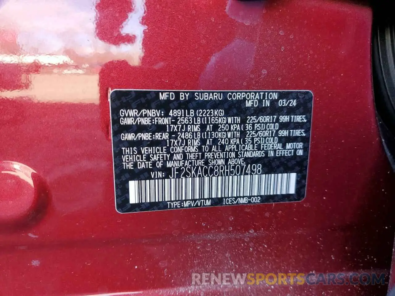 13 fotografías del automóvil dañado JF2SKACC8RH507498 SUBARU FORESTER 2024