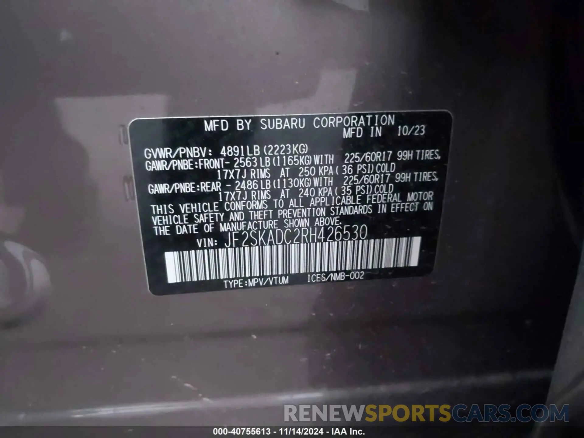 9 fotografías del automóvil dañado JF2SKADC2RH426530 SUBARU FORESTER 2024