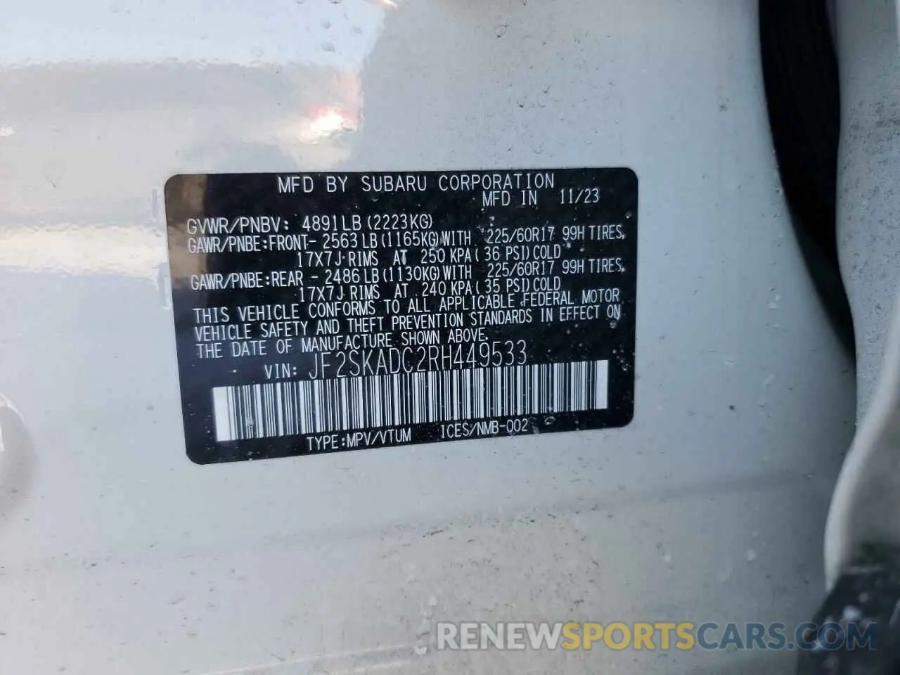 12 fotografías del automóvil dañado JF2SKADC2RH449533 SUBARU FORESTER 2024