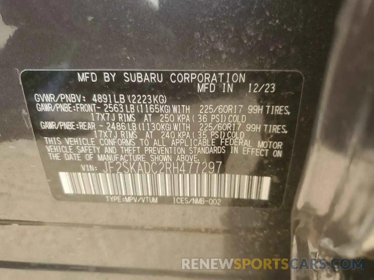 14 fotografías del automóvil dañado JF2SKADC2RH477297 SUBARU FORESTER 2024