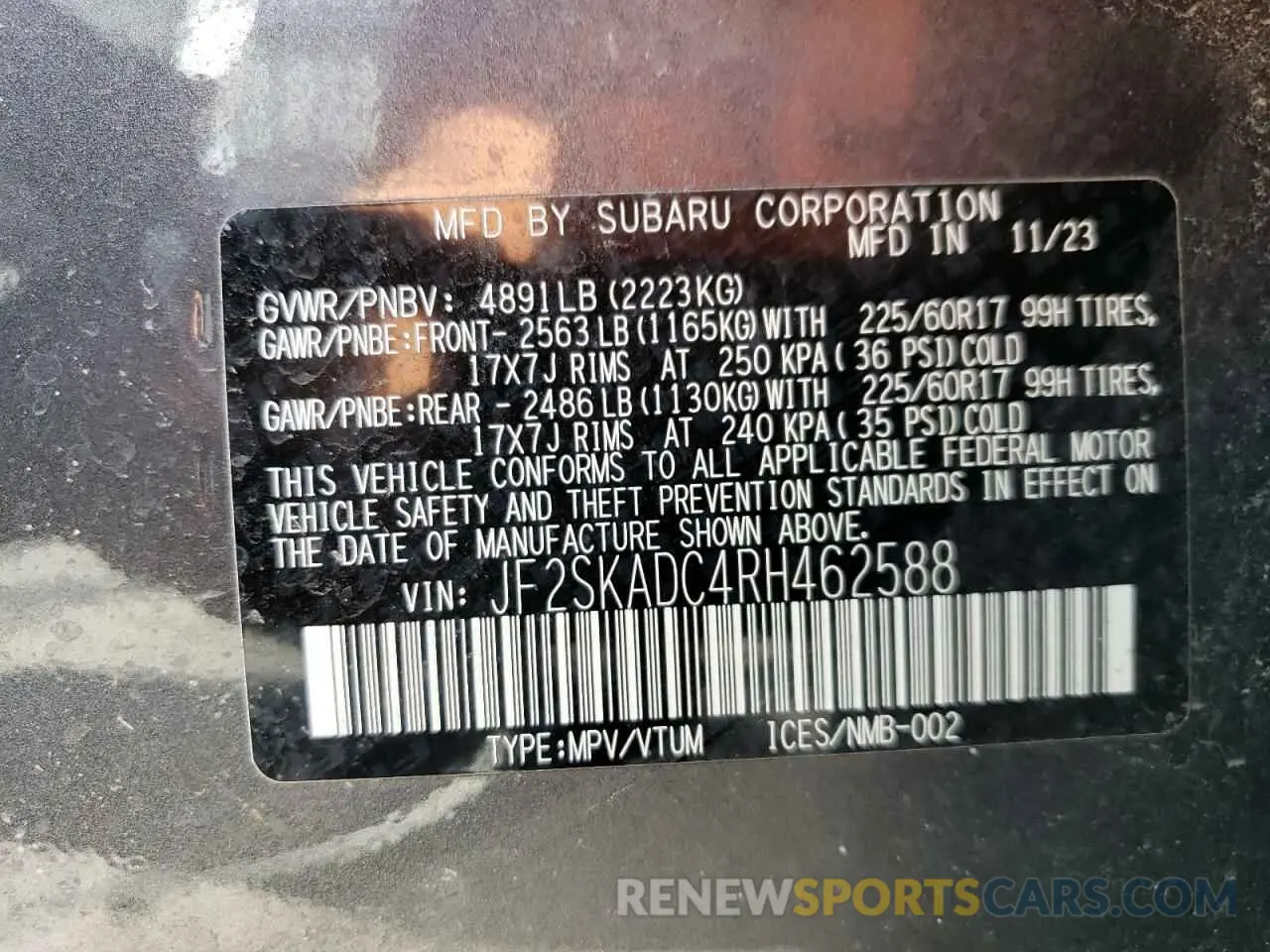 14 fotografías del automóvil dañado JF2SKADC4RH462588 SUBARU FORESTER 2024
