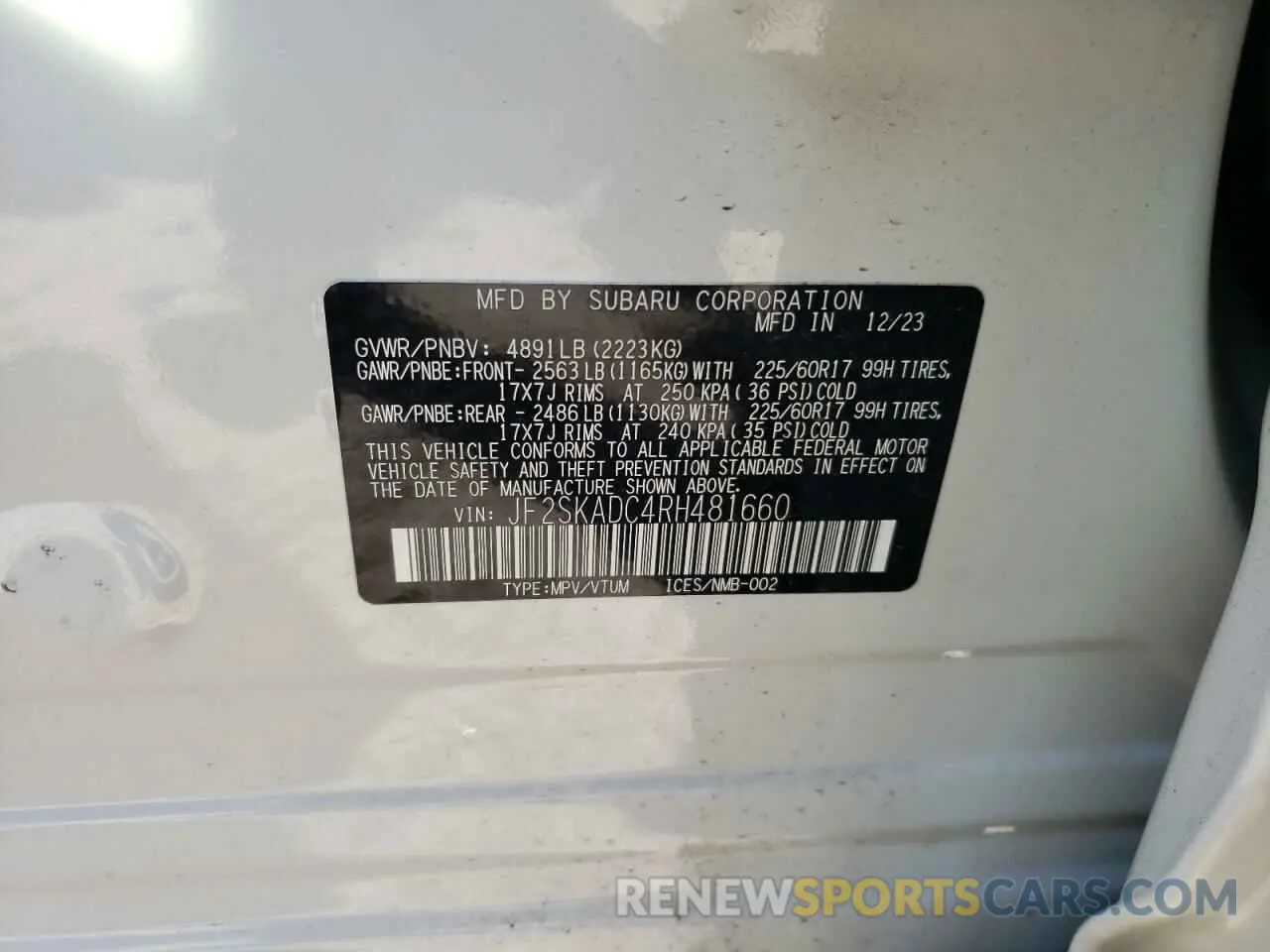 14 fotografías del automóvil dañado JF2SKADC4RH481660 SUBARU FORESTER 2024
