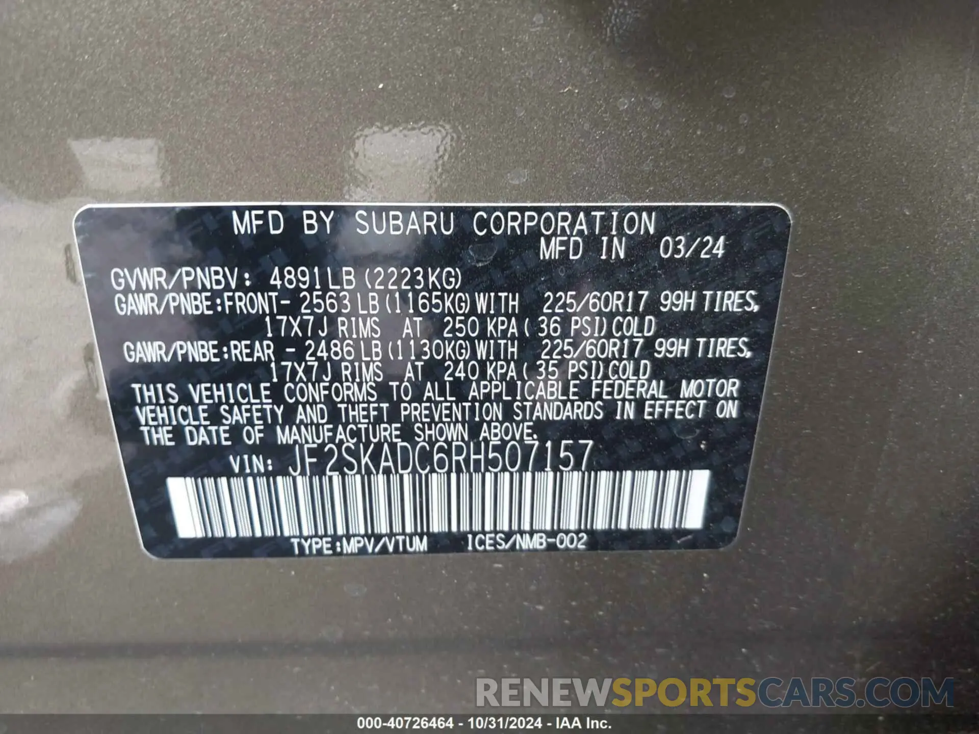 9 fotografías del automóvil dañado JF2SKADC4RH501101 SUBARU FORESTER 2024