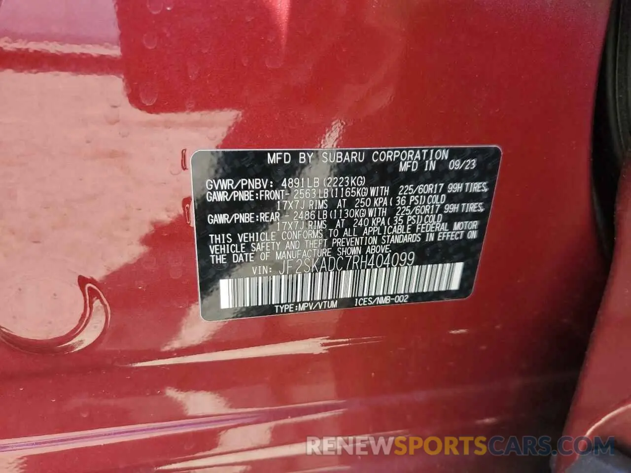 13 fotografías del automóvil dañado JF2SKADC7RH404099 SUBARU FORESTER 2024