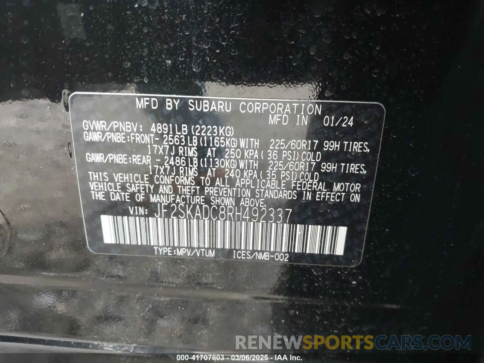 9 fotografías del automóvil dañado JF2SKADC8RH492337 SUBARU FORESTER 2024