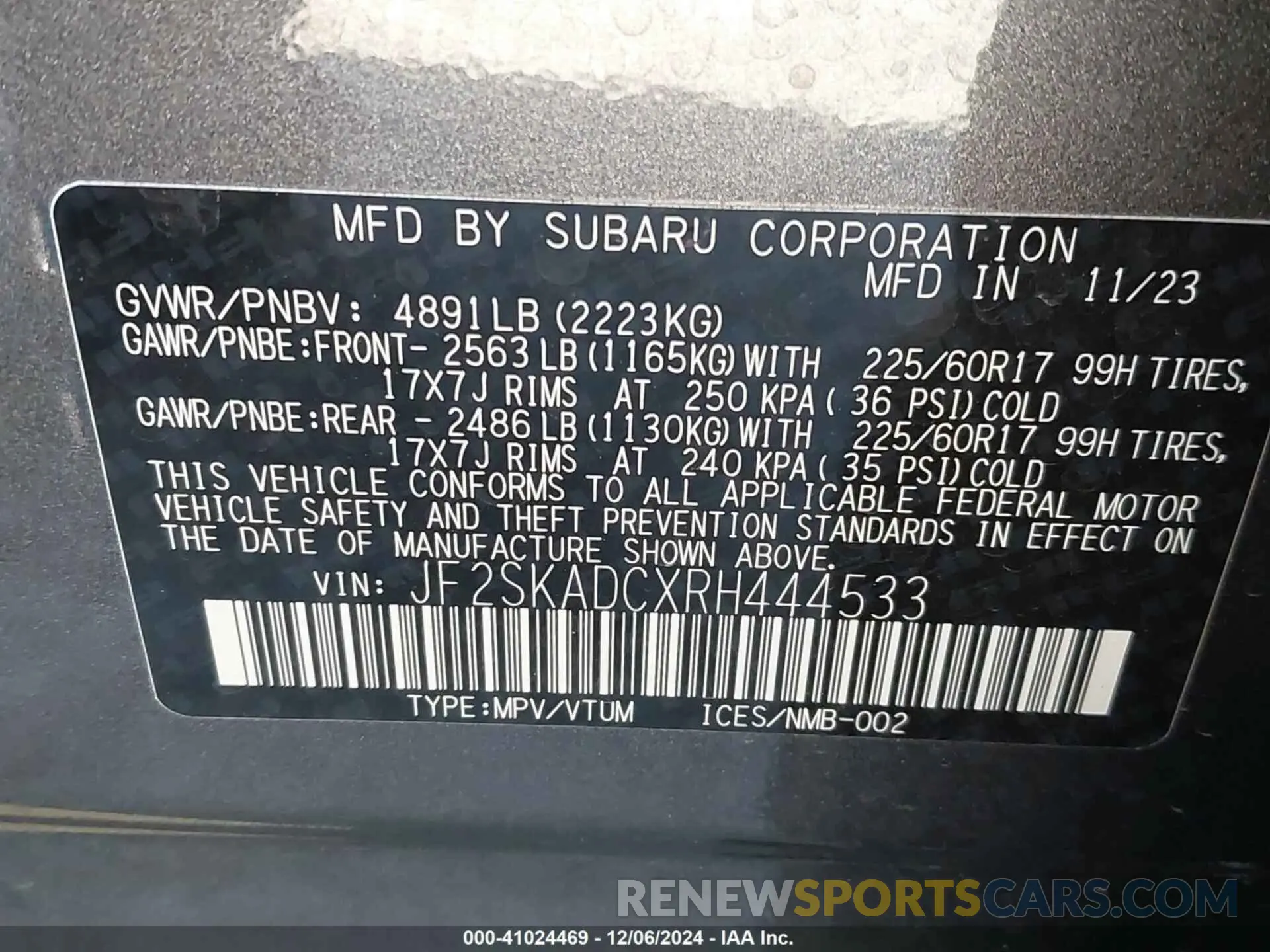 9 fotografías del automóvil dañado JF2SKADCXRH444533 SUBARU FORESTER 2024
