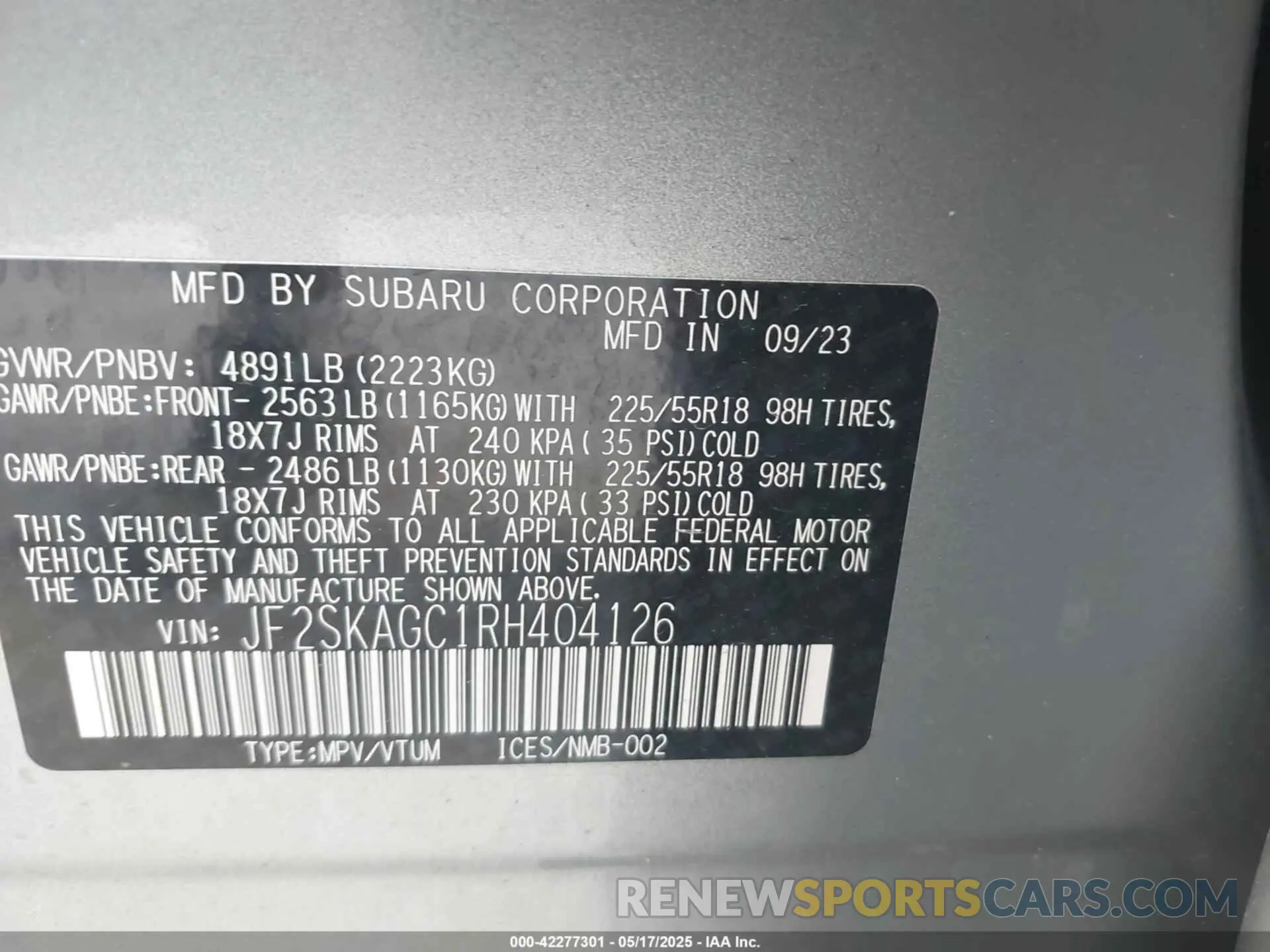 9 fotografías del automóvil dañado JF2SKAGC1RH404126 SUBARU FORESTER 2024
