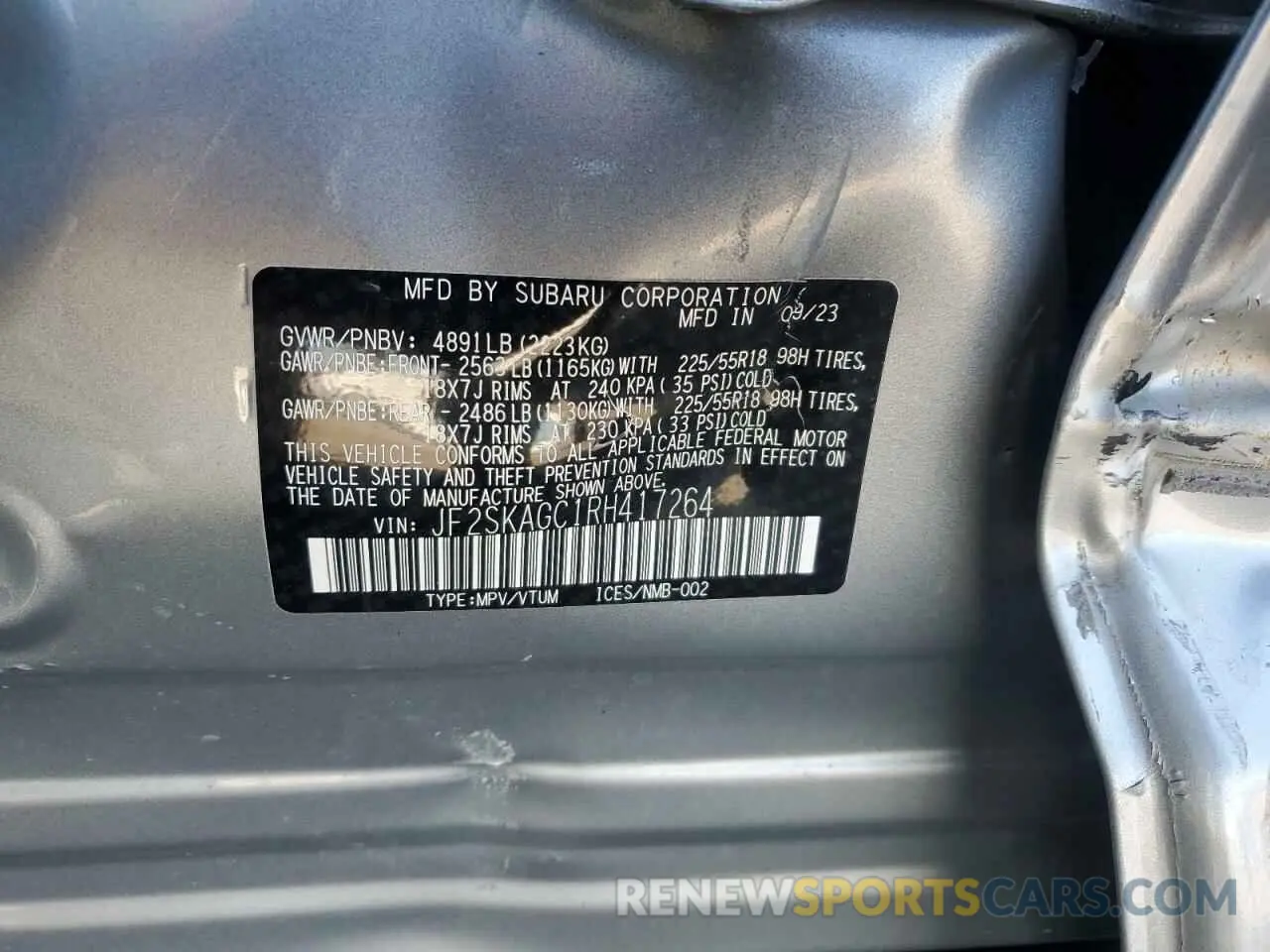 15 fotografías del automóvil dañado JF2SKAGC1RH417264 SUBARU FORESTER 2024