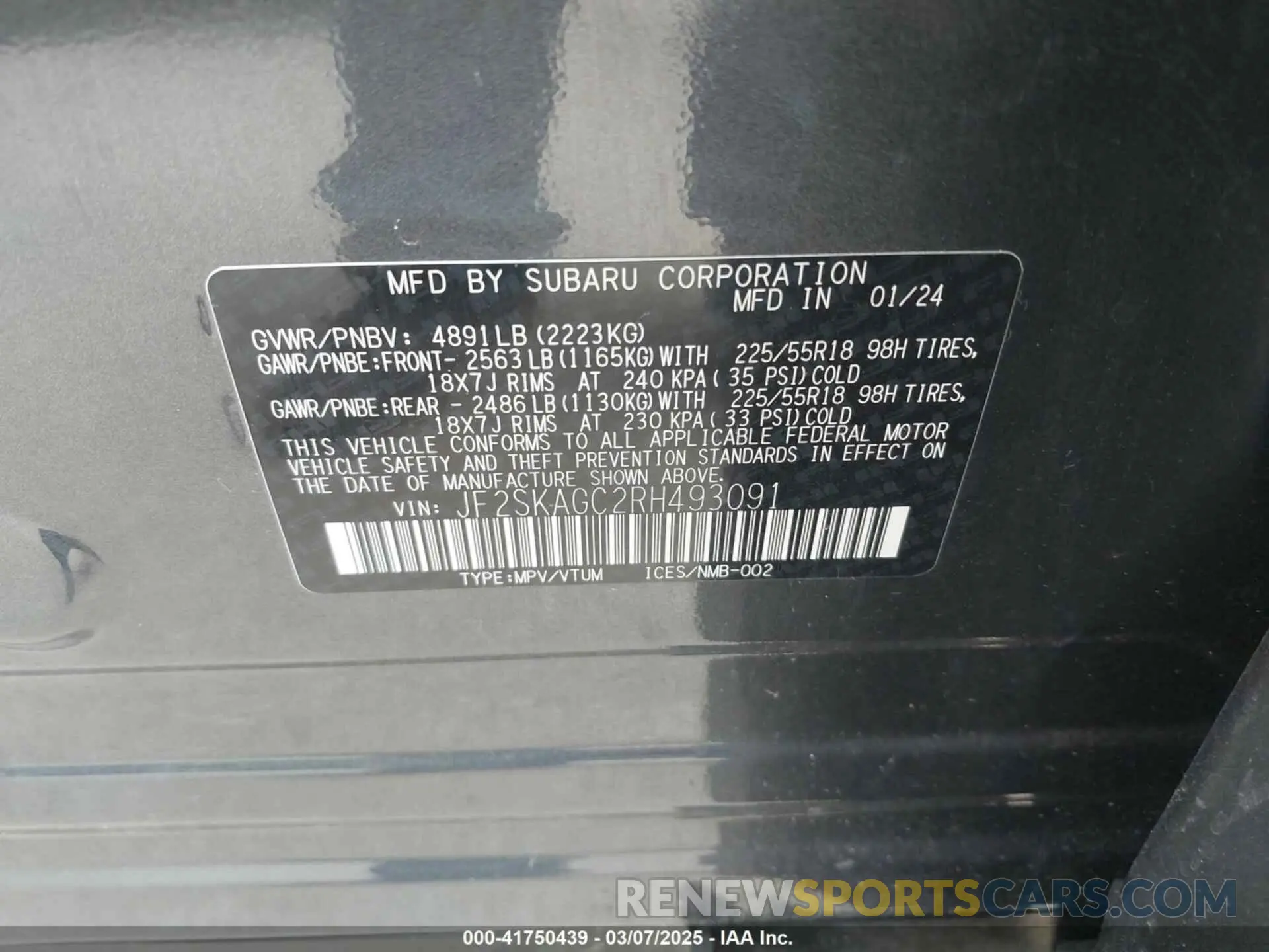 9 fotografías del automóvil dañado JF2SKAGC2RH493091 SUBARU FORESTER 2024